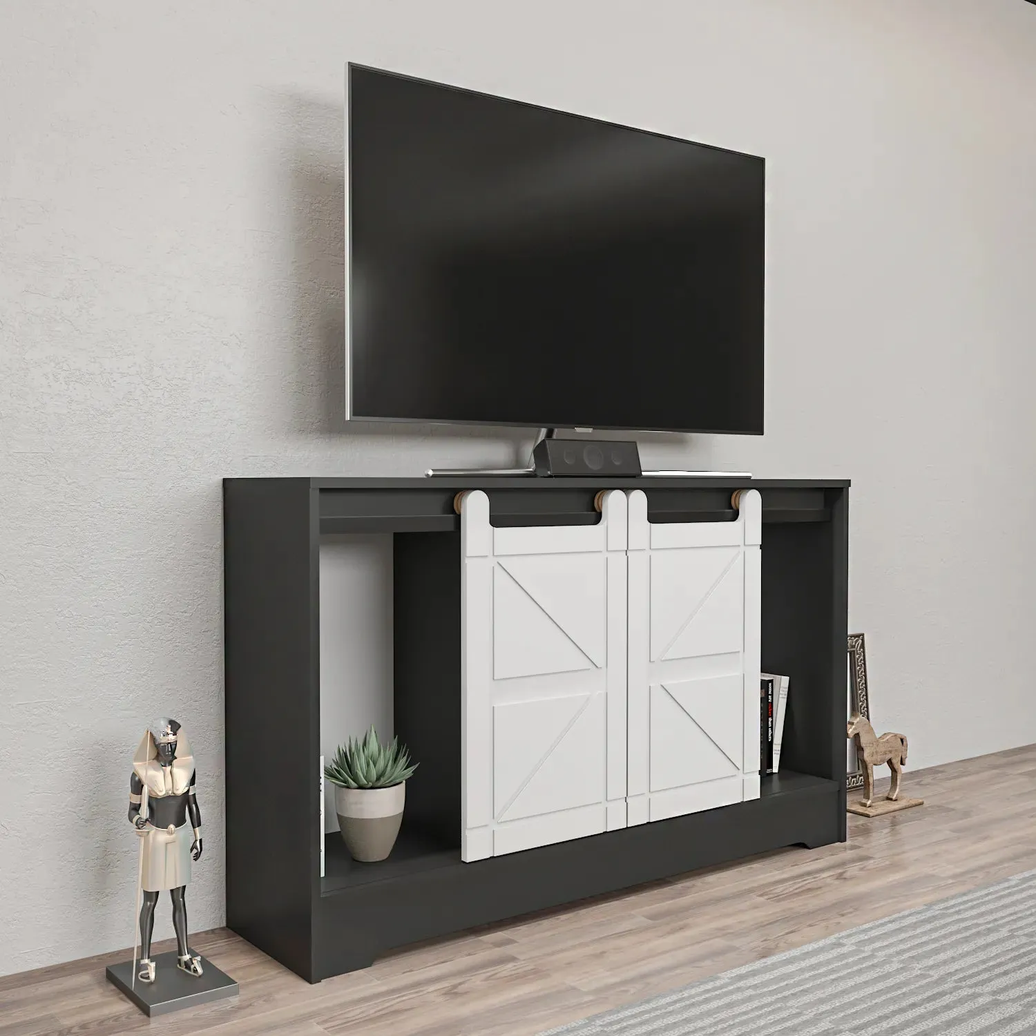 Ahris 55 inch Wide TV Stand Media Console with Sliding Barn Doors for TVs up to 65 inch Decorotika