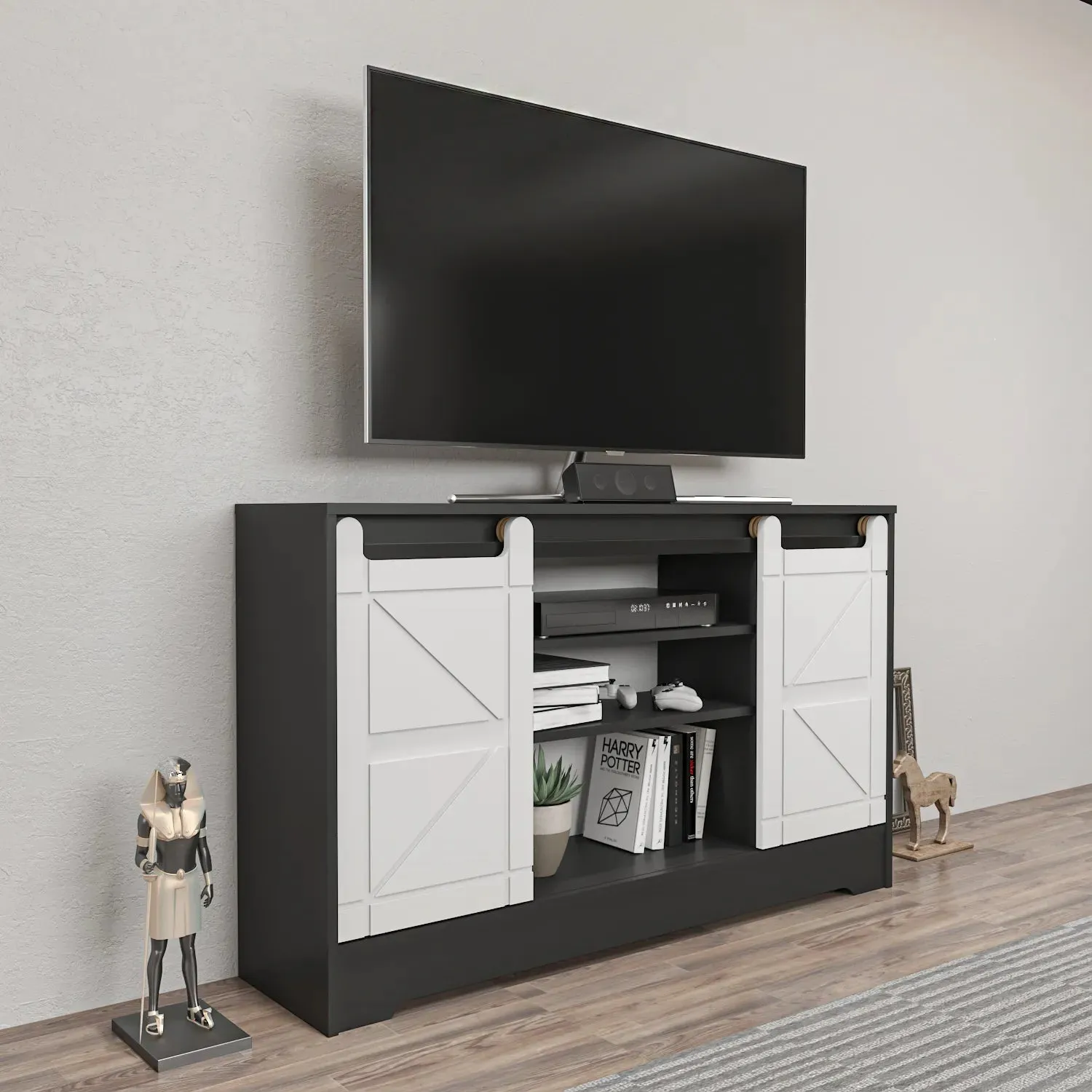 Ahris 55 inch Wide TV Stand Media Console with Sliding Barn Doors for TVs up to 65 inch Decorotika