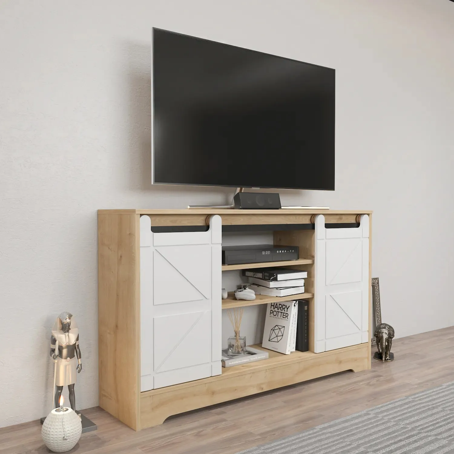 Ahris 55 inch Wide TV Stand Media Console with Sliding Barn Doors for TVs up to 65 inch Decorotika