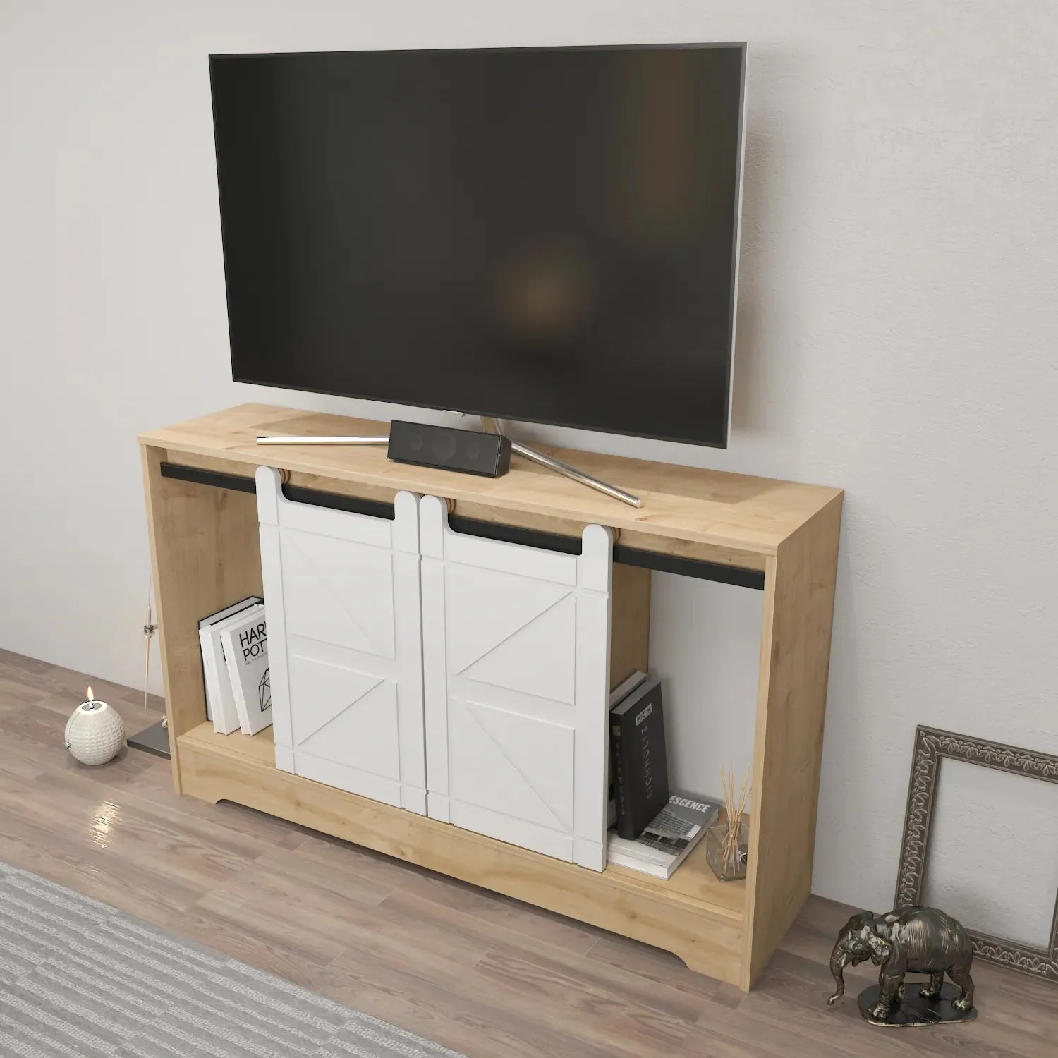 Ahris 55 inch Wide TV Stand Media Console with Sliding Barn Doors for TVs up to 65 inch Decorotika