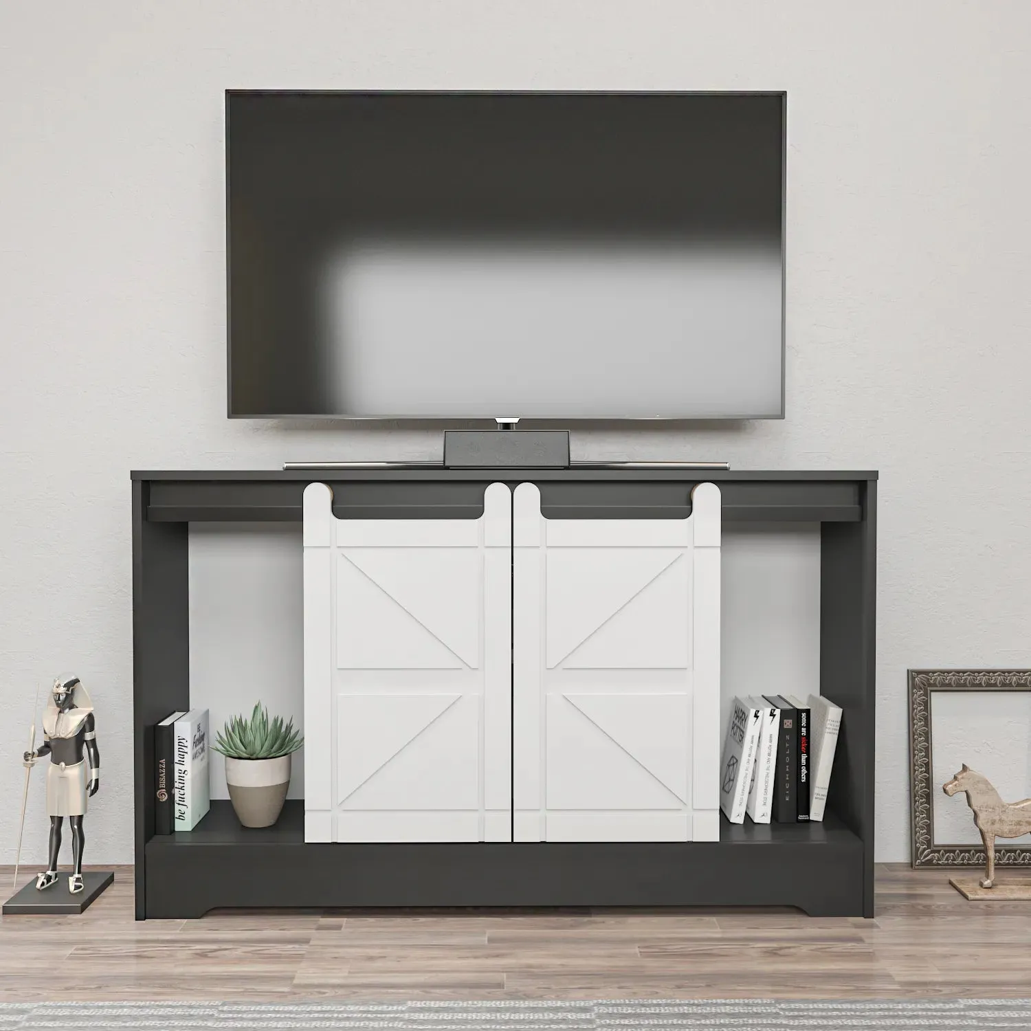 Ahris 55 inch Wide TV Stand Media Console with Sliding Barn Doors for TVs up to 65 inch Decorotika