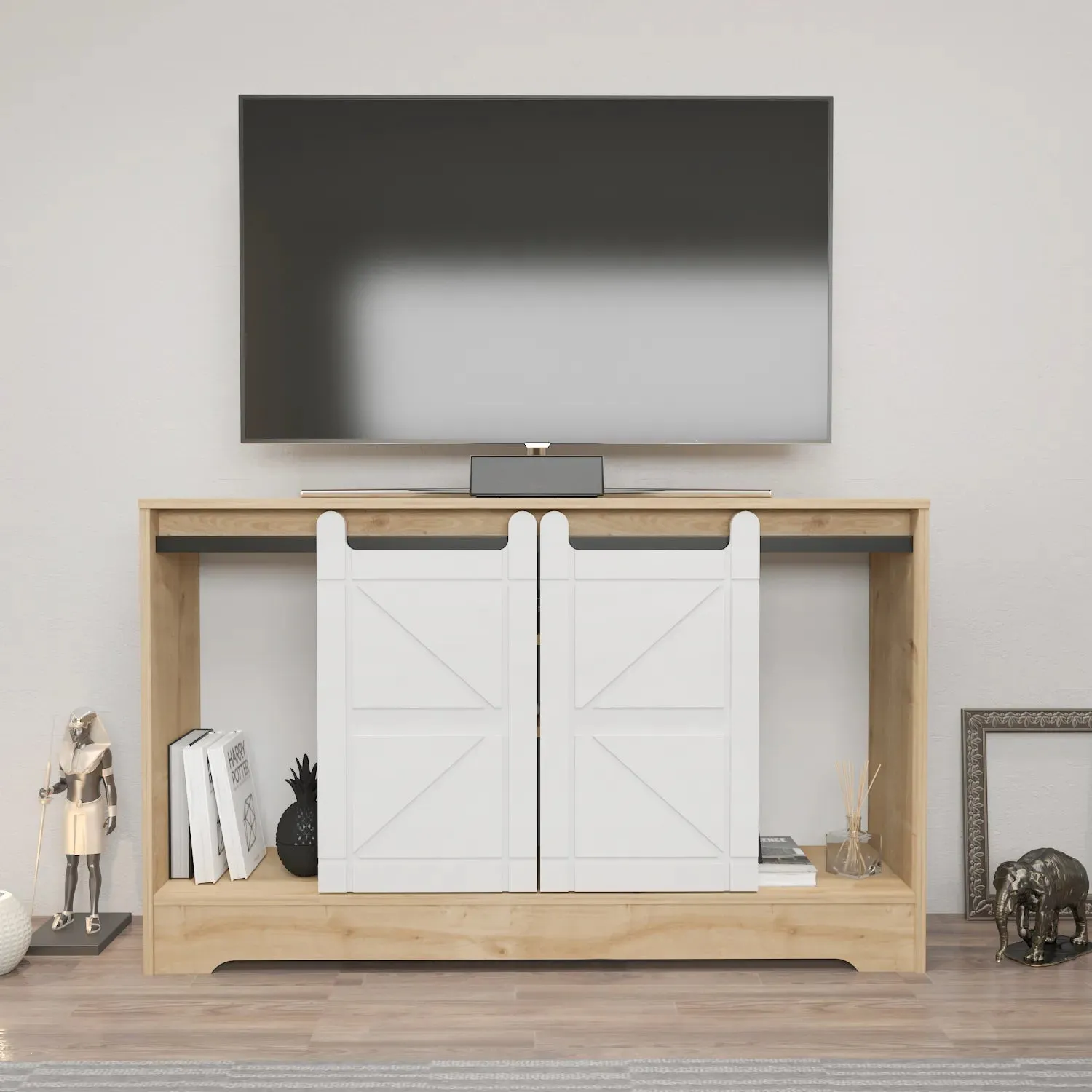 Ahris 55 inch Wide TV Stand Media Console with Sliding Barn Doors for TVs up to 65 inch Decorotika