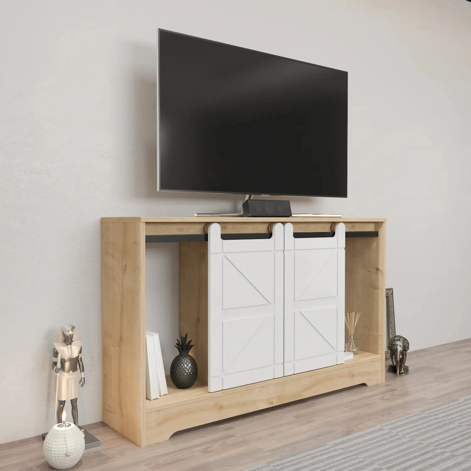 Ahris 55 inch Wide TV Stand Media Console with Sliding Barn Doors for TVs up to 65 inch Decorotika