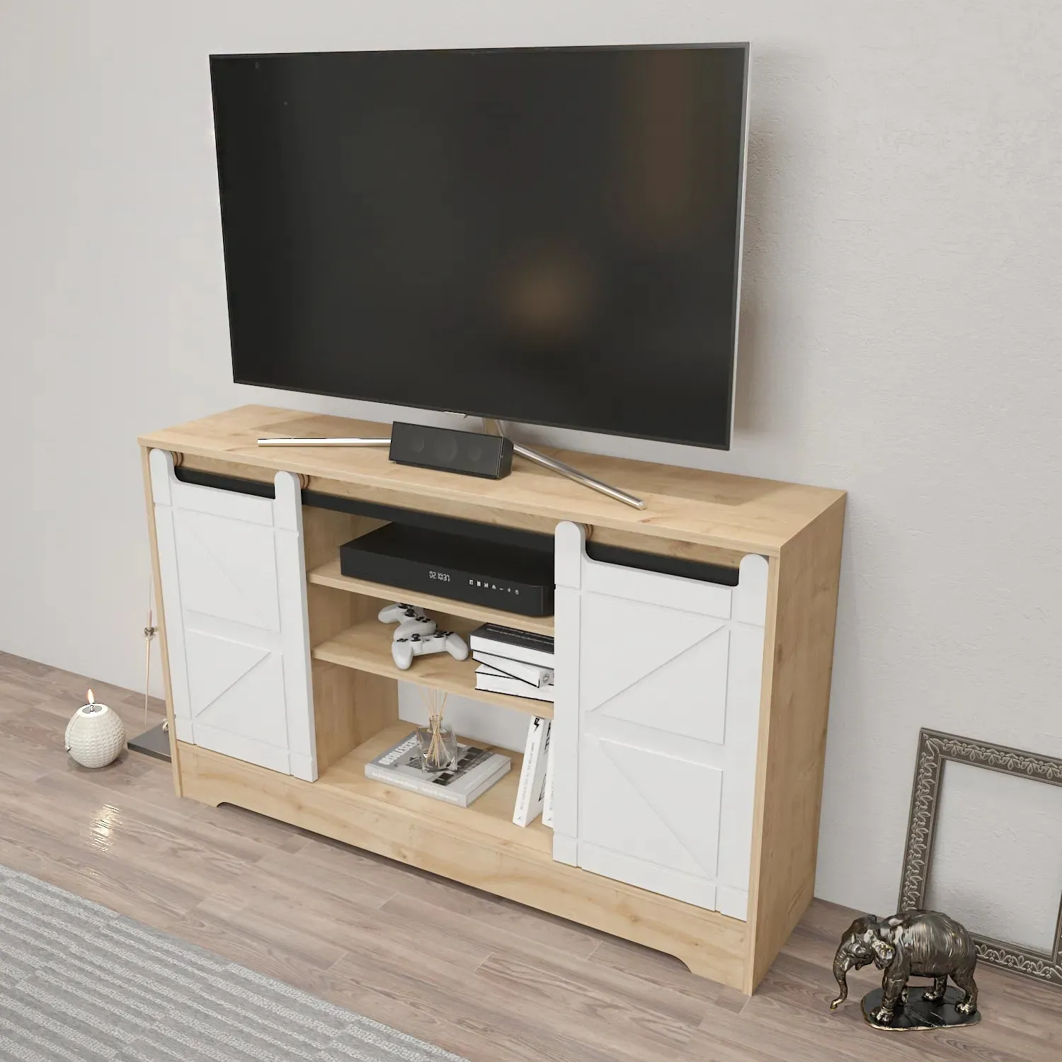 Ahris 55 inch Wide TV Stand Media Console with Sliding Barn Doors for TVs up to 65 inch Decorotika