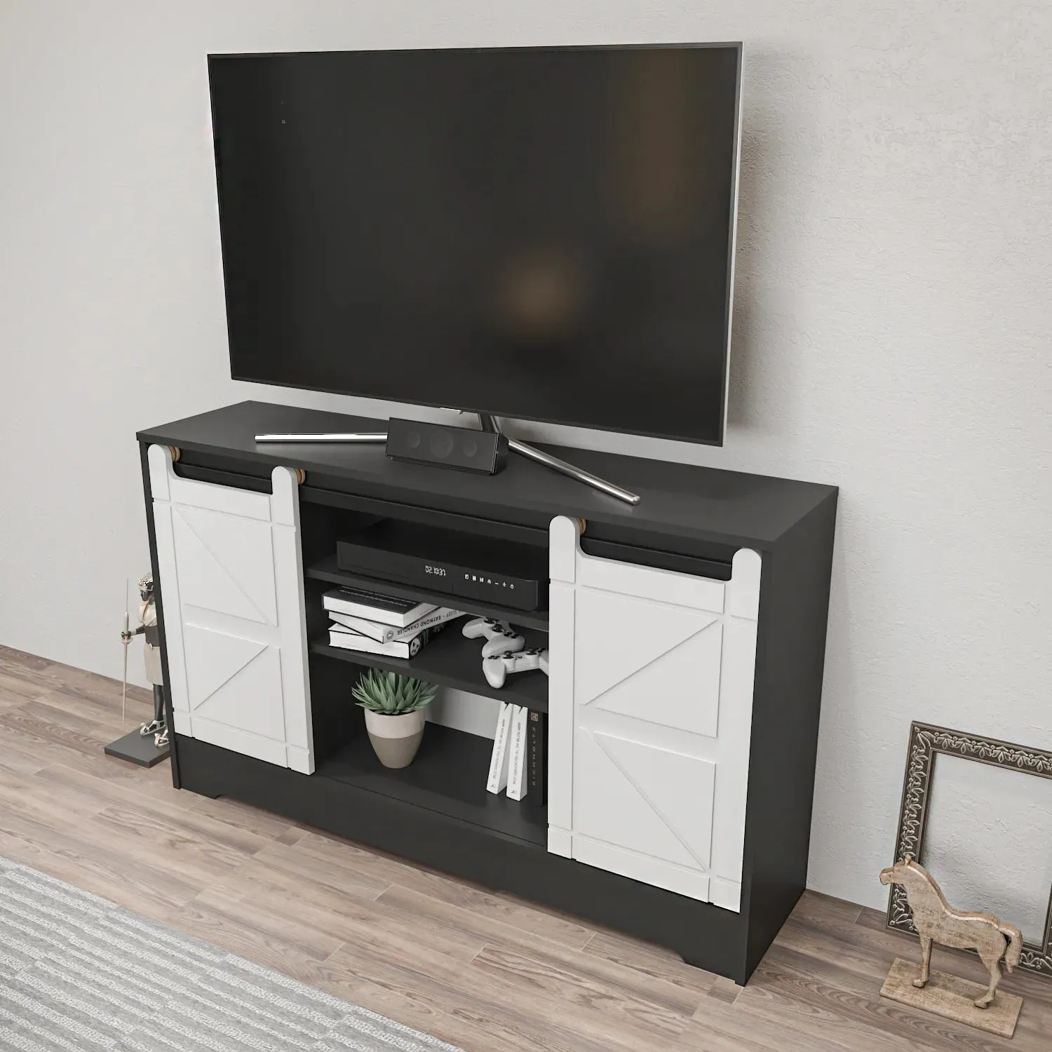 Ahris 55 inch Wide TV Stand Media Console with Sliding Barn Doors for TVs up to 65 inch Decorotika