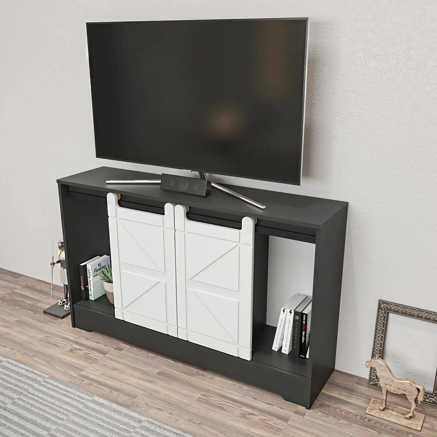 Ahris 55 inch Wide TV Stand Media Console with Sliding Barn Doors for TVs up to 65 inch Decorotika