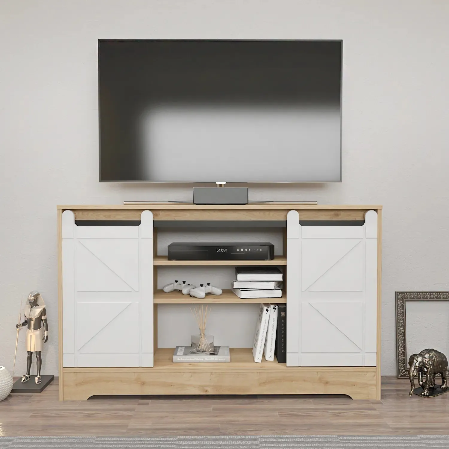 Ahris 55 inch Wide TV Stand Media Console with Sliding Barn Doors for TVs up to 65 inch Decorotika