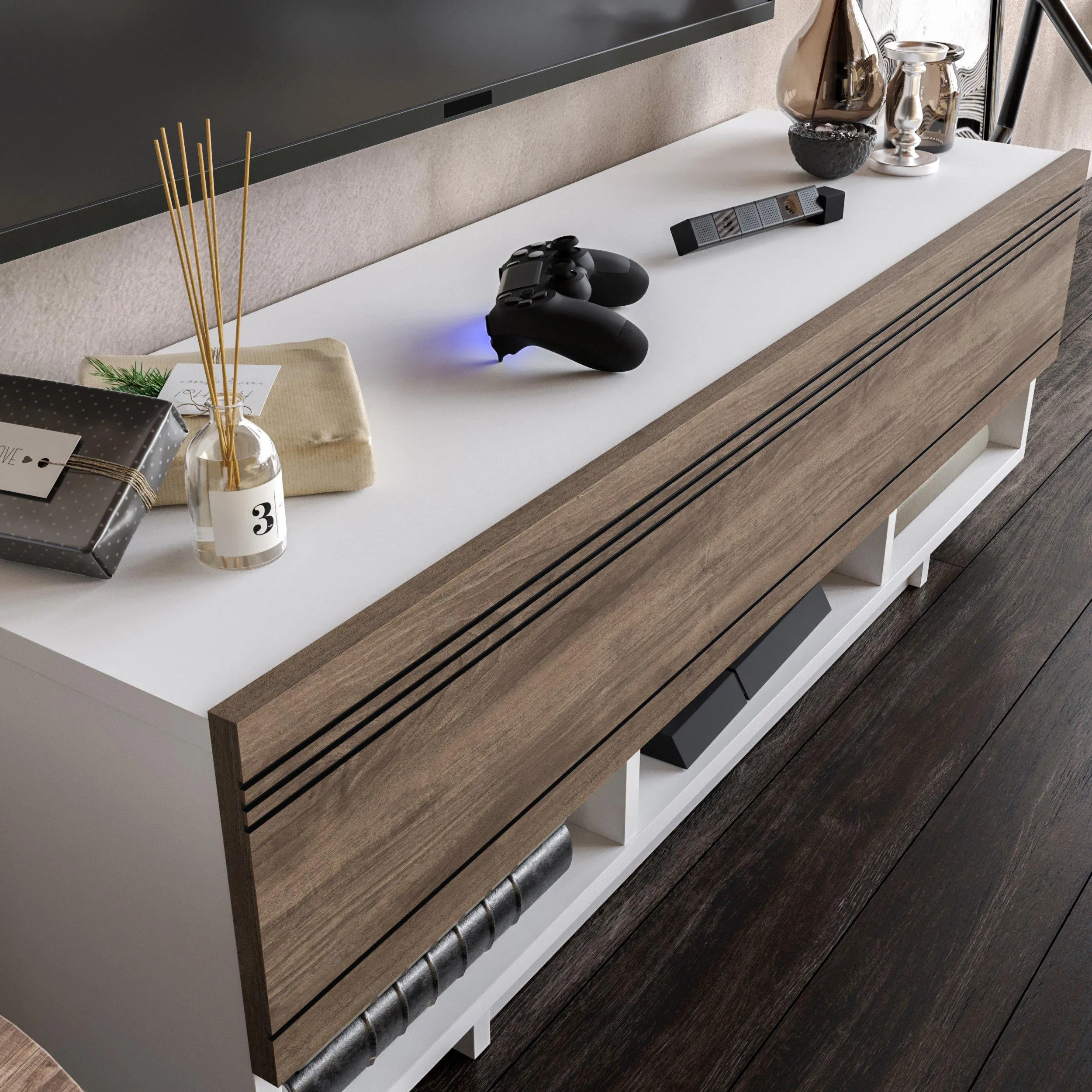 Celestia 47" TV Stand and Media Console with Cabinets and Open Shelves Decorotika