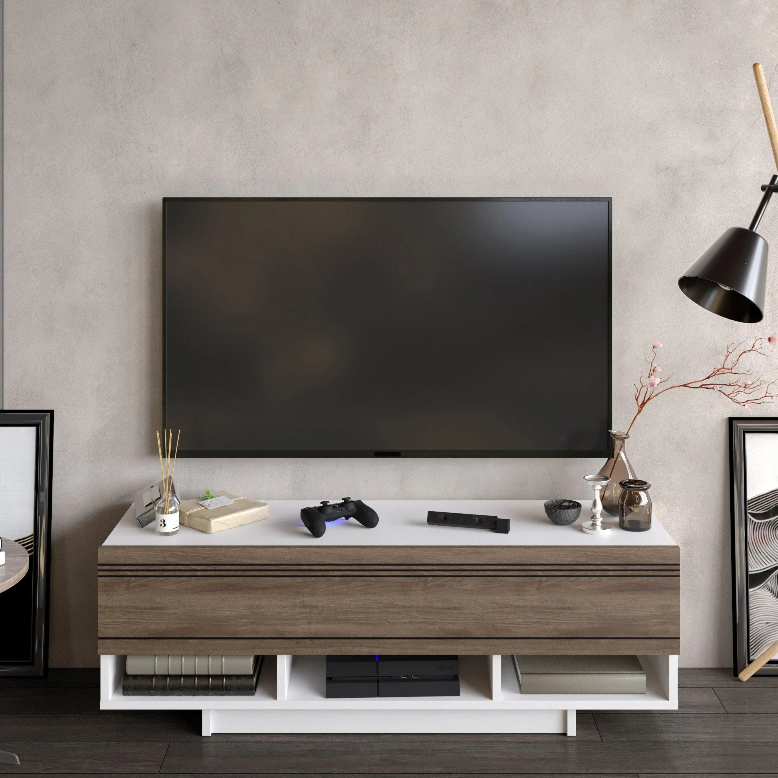 Celestia 47" TV Stand and Media Console with Cabinets and Open Shelves Decorotika