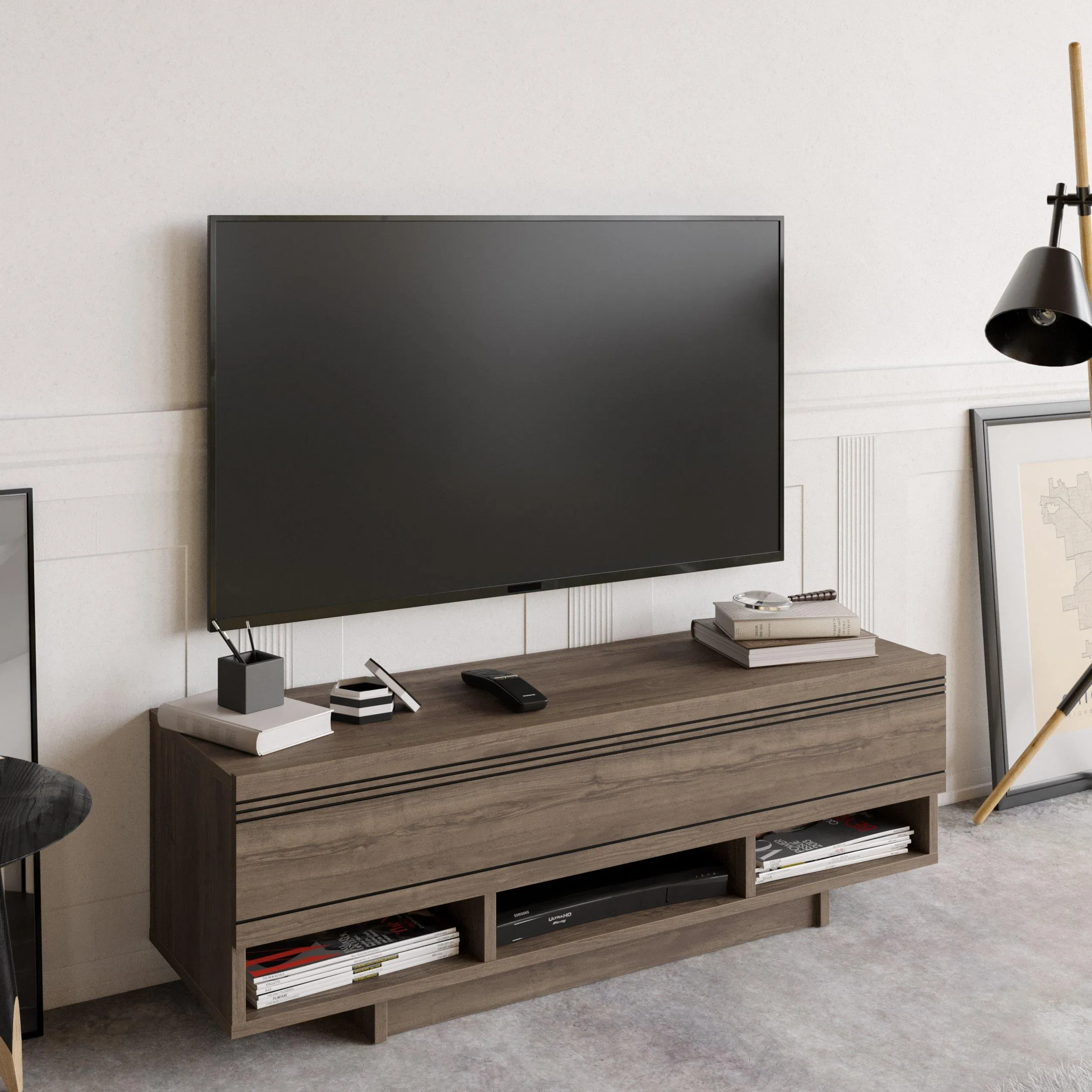 Celestia 47" TV Stand and Media Console with Cabinets and Open Shelves Decorotika