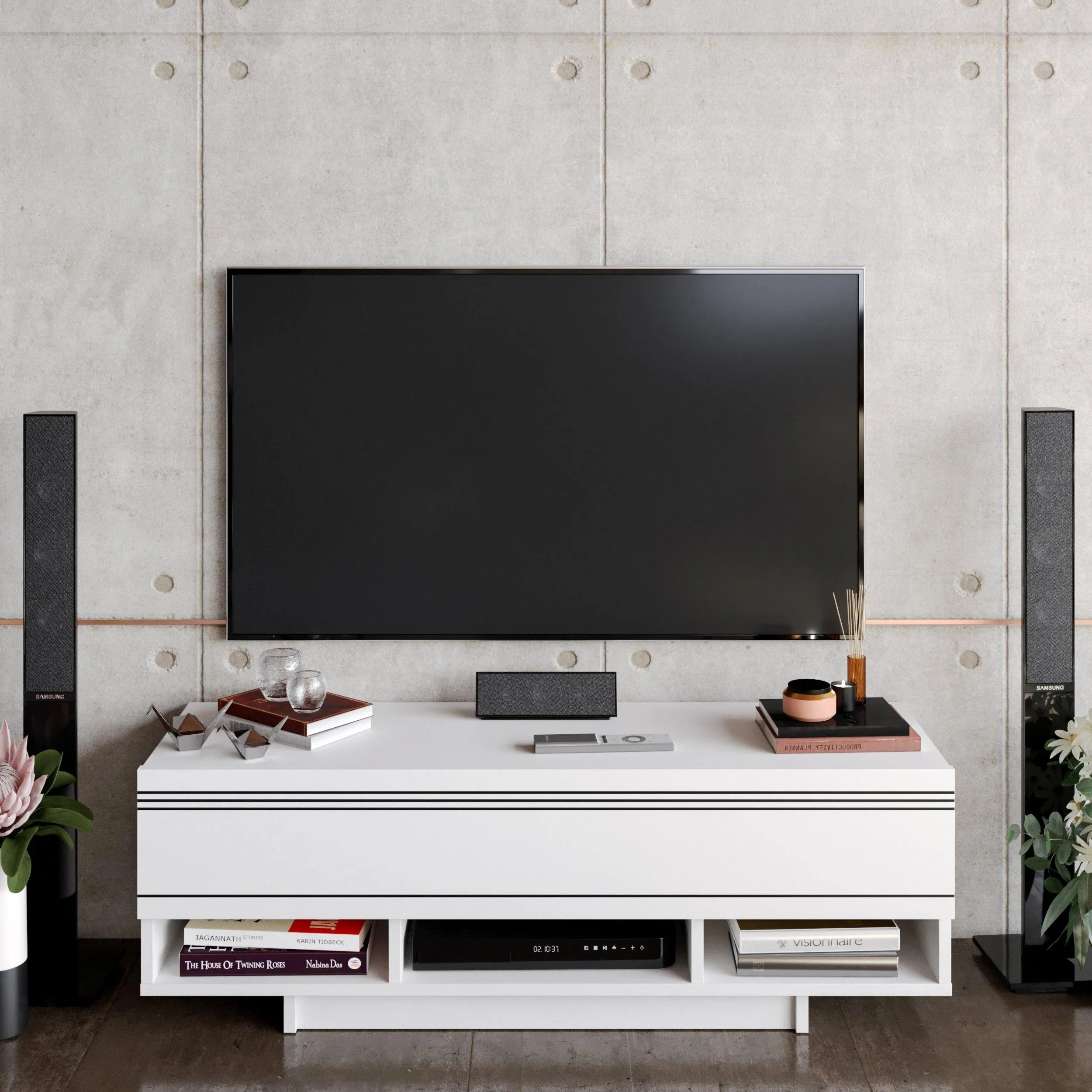 Celestia 47" TV Stand and Media Console with Cabinets and Open Shelves Decorotika
