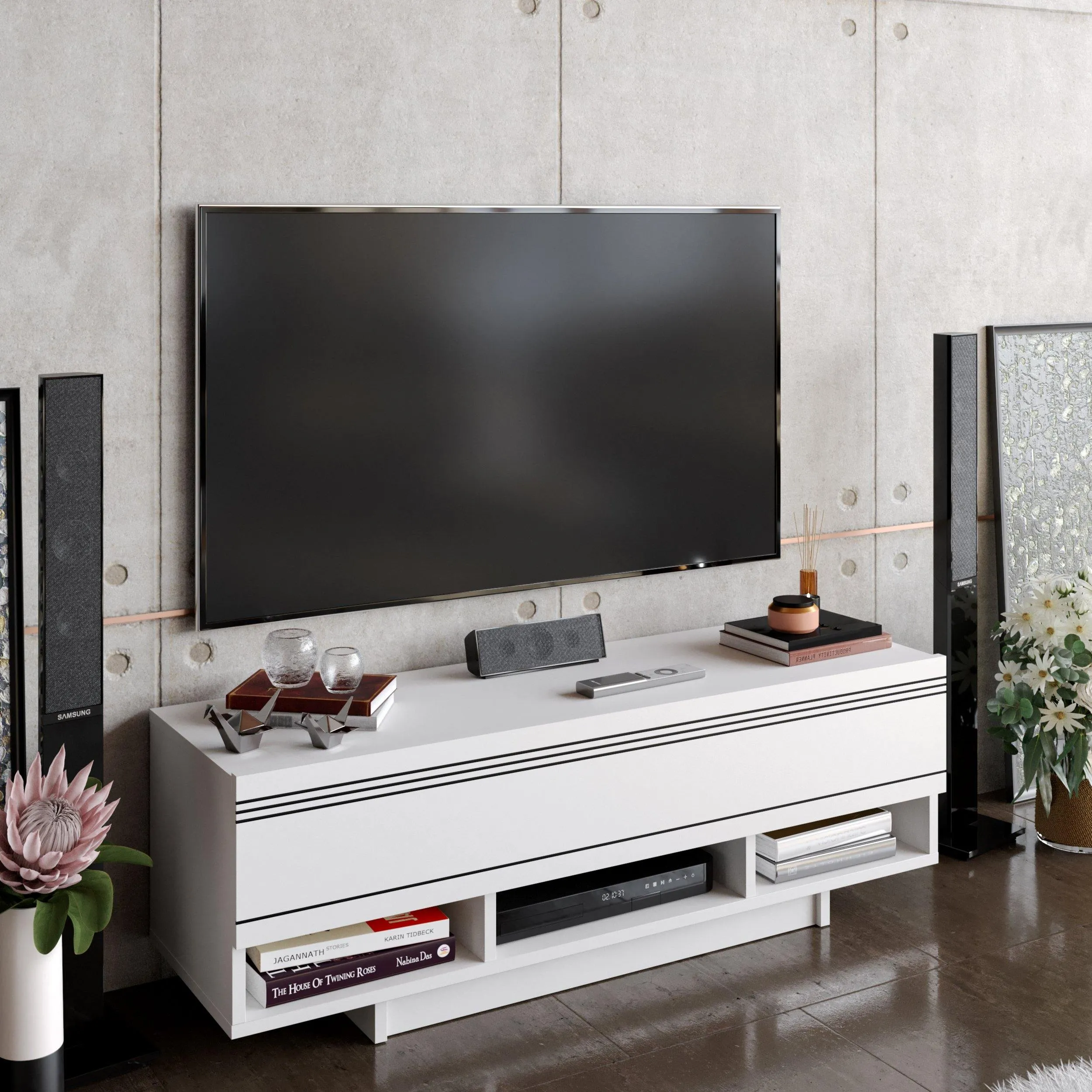 Celestia 47" TV Stand and Media Console with Cabinets and Open Shelves Decorotika
