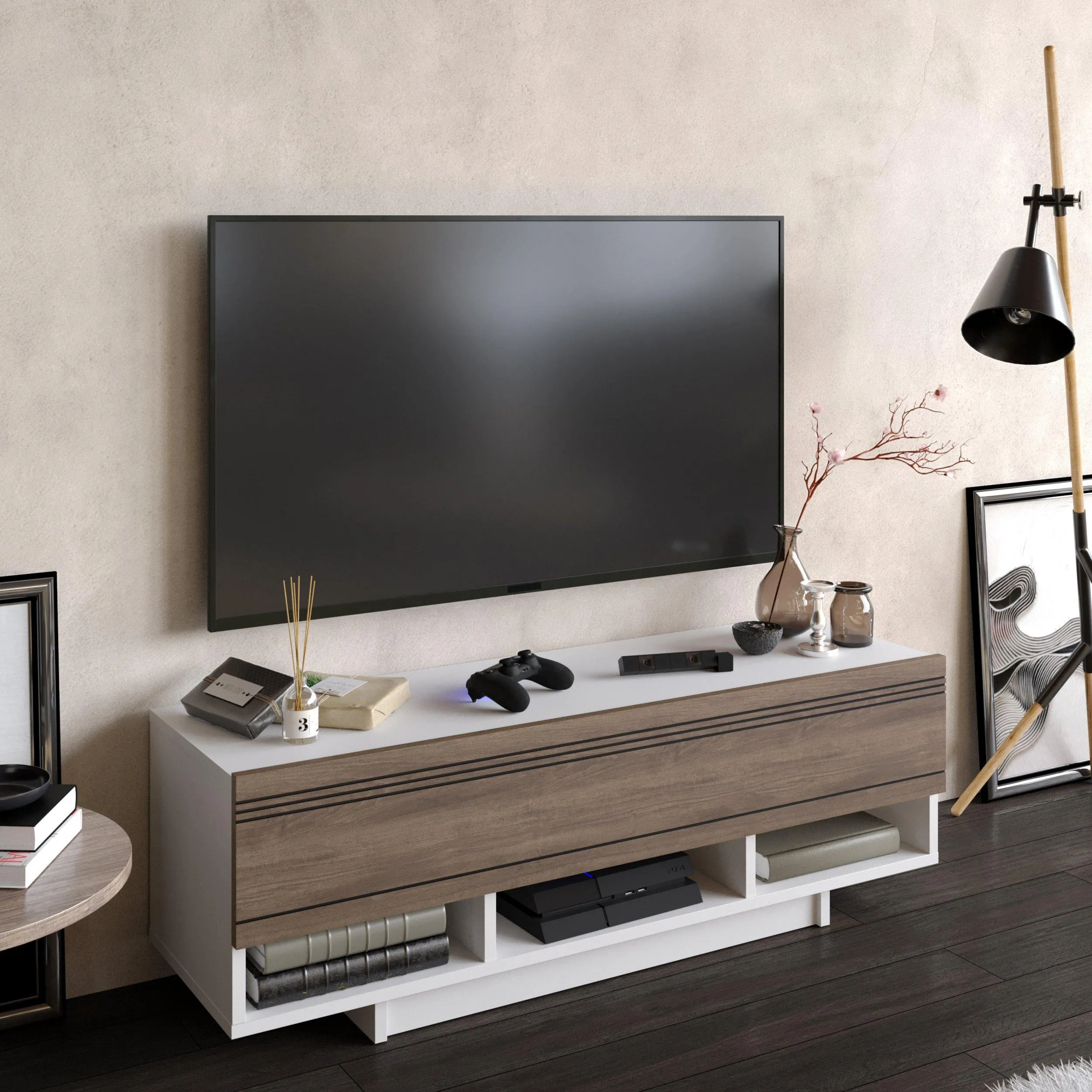 Celestia 47" TV Stand and Media Console with Cabinets and Open Shelves Decorotika