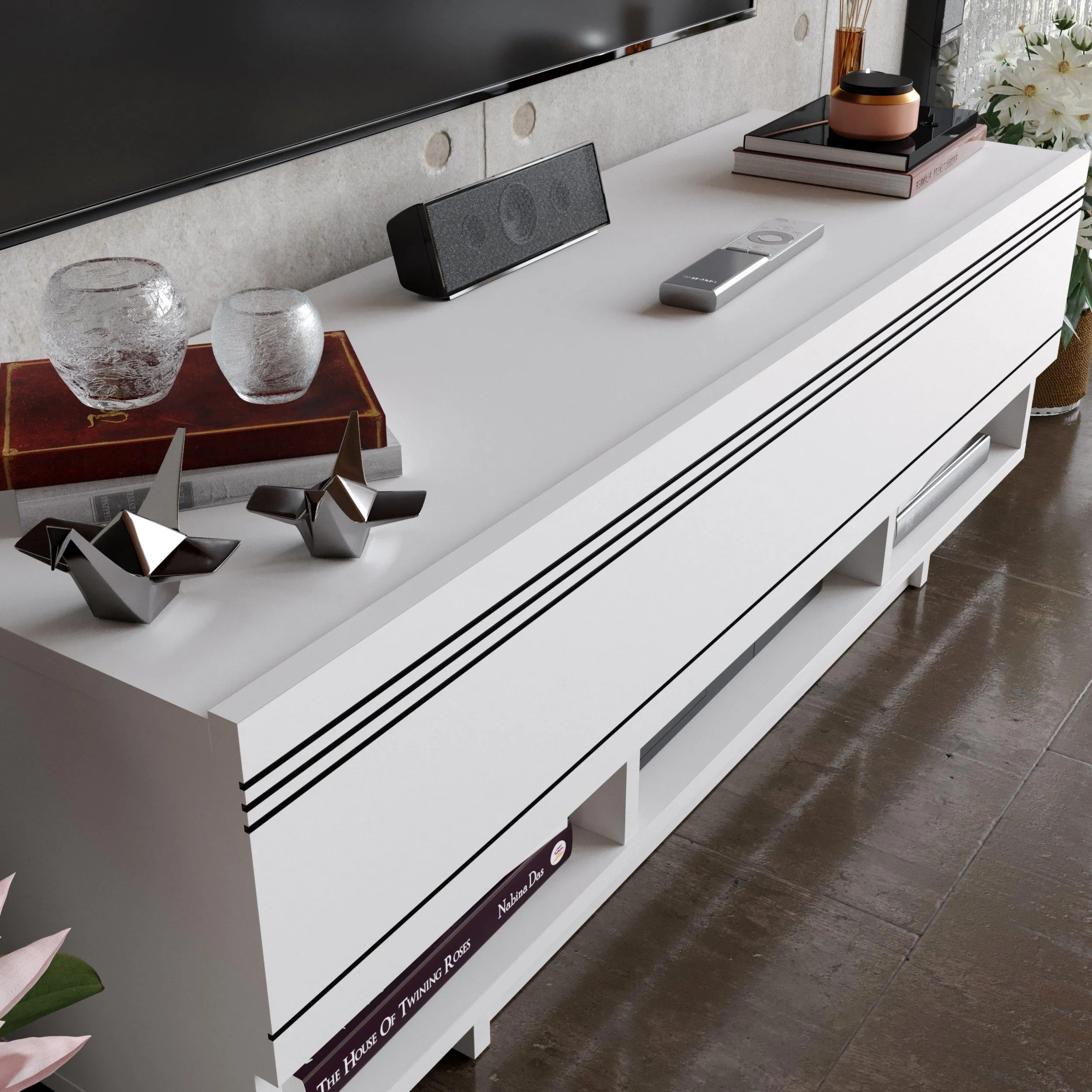 Celestia 47" TV Stand and Media Console with Cabinets and Open Shelves Decorotika