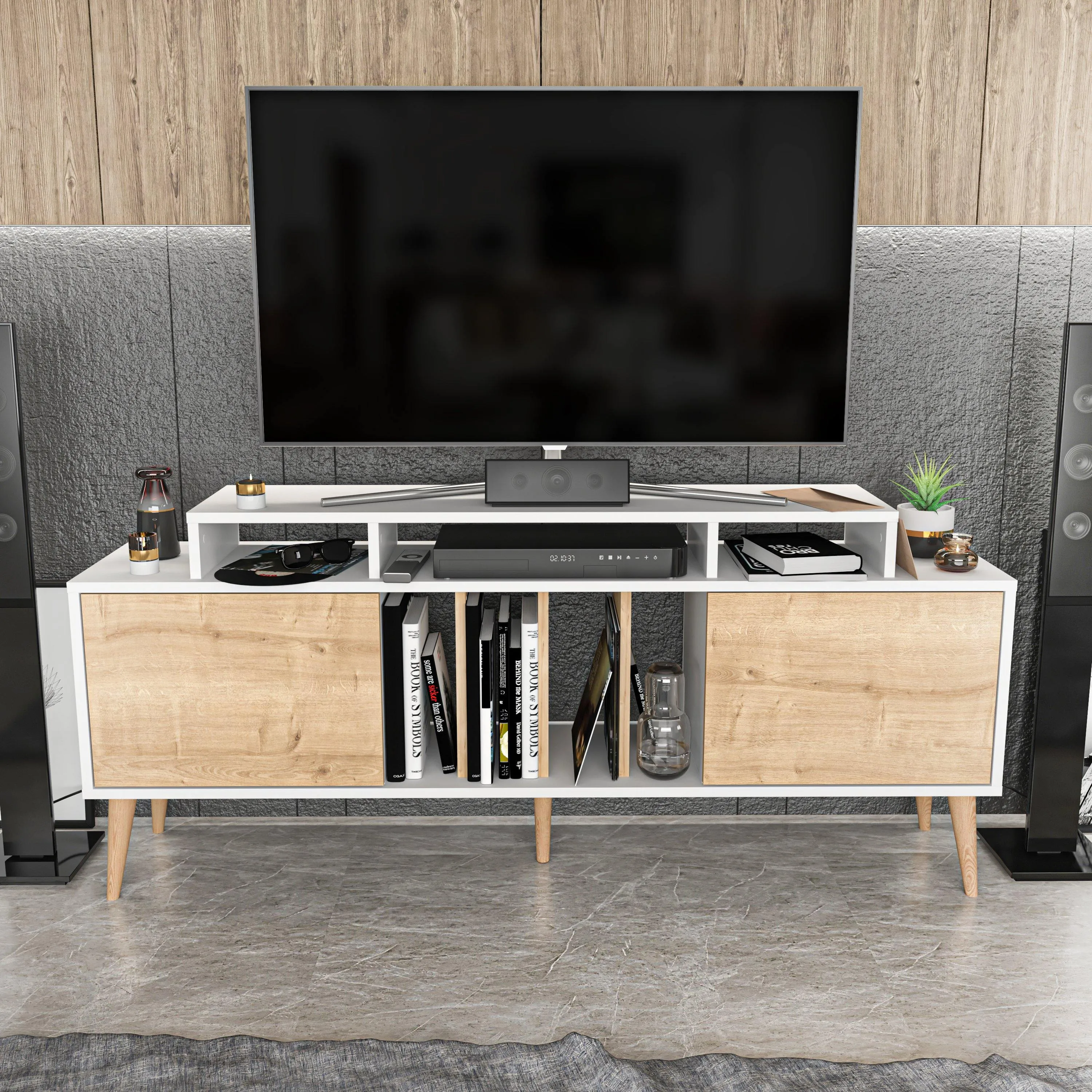 Char 63" TV Stand and Media Console with Cabinets and Shelves for TVs up to 72" Decorotika