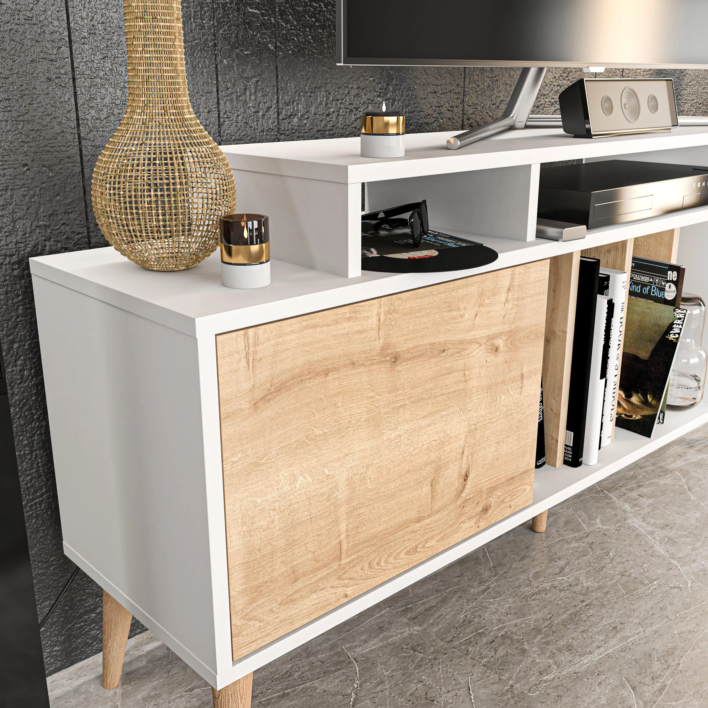 Char 63" TV Stand and Media Console with Cabinets and Shelves for TVs up to 72" Decorotika