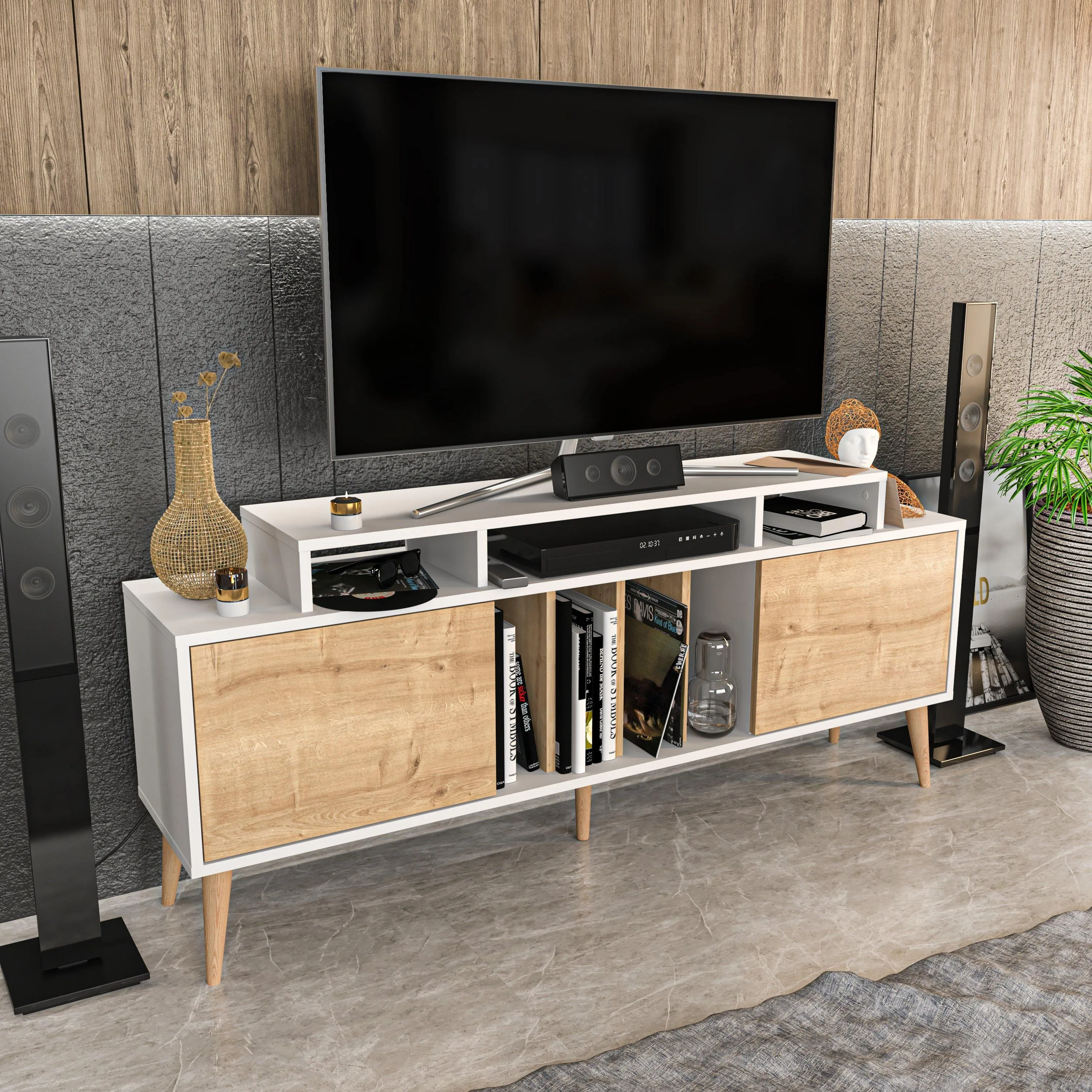Char 63" TV Stand and Media Console with Cabinets and Shelves for TVs up to 72" Decorotika