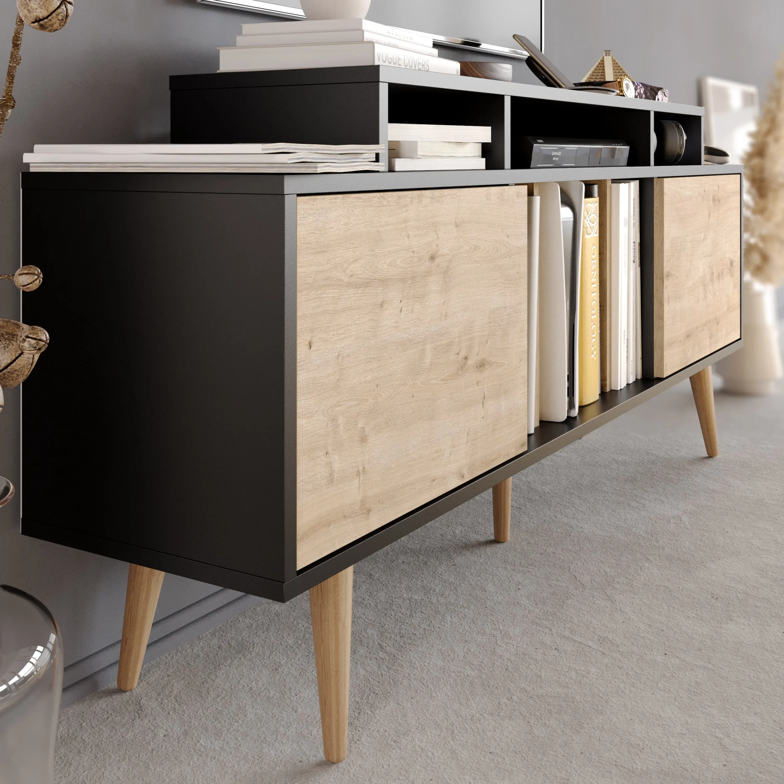 Char 63" TV Stand and Media Console with Cabinets and Shelves for TVs up to 72" Decorotika