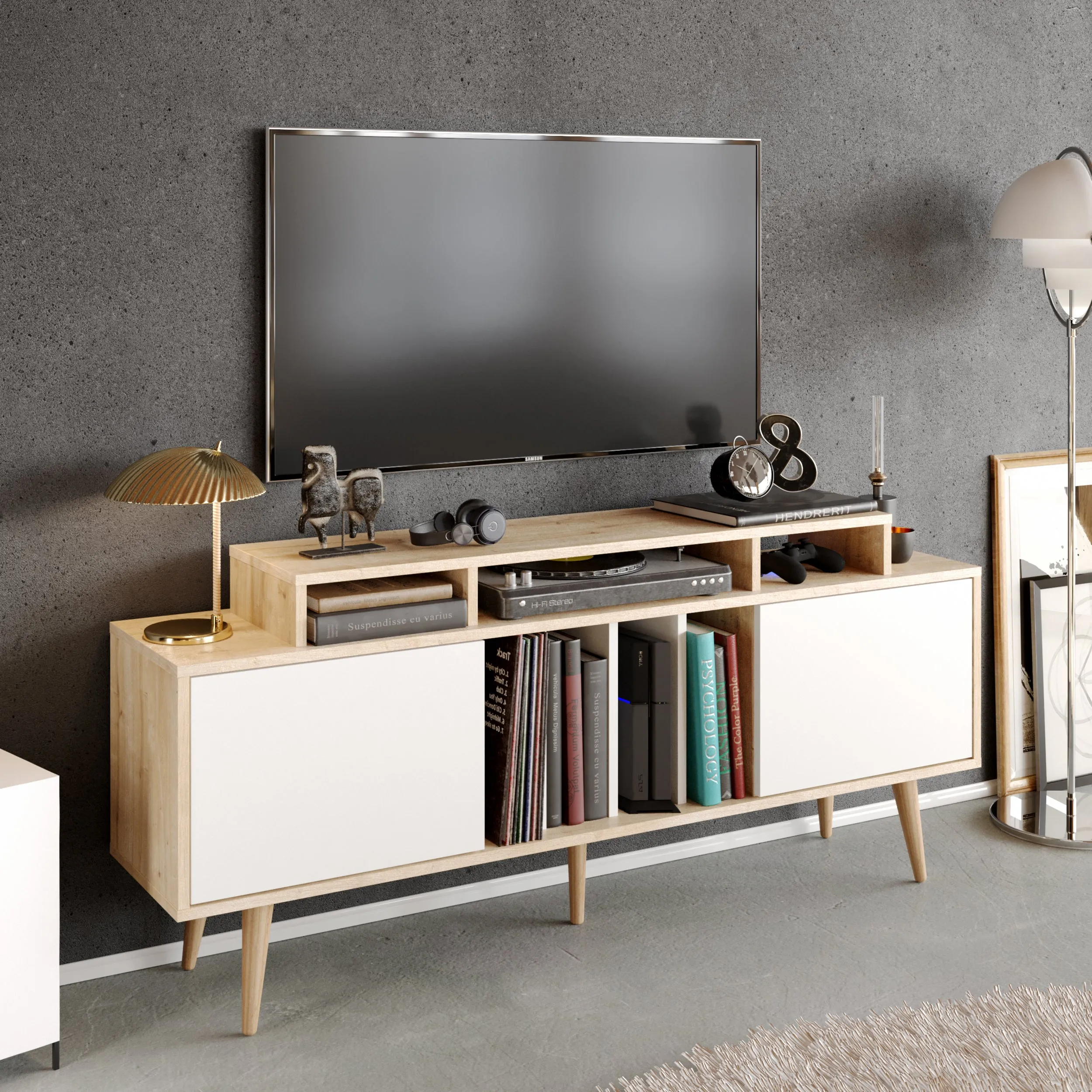 Char 63" TV Stand and Media Console with Cabinets and Shelves for TVs up to 72" Decorotika