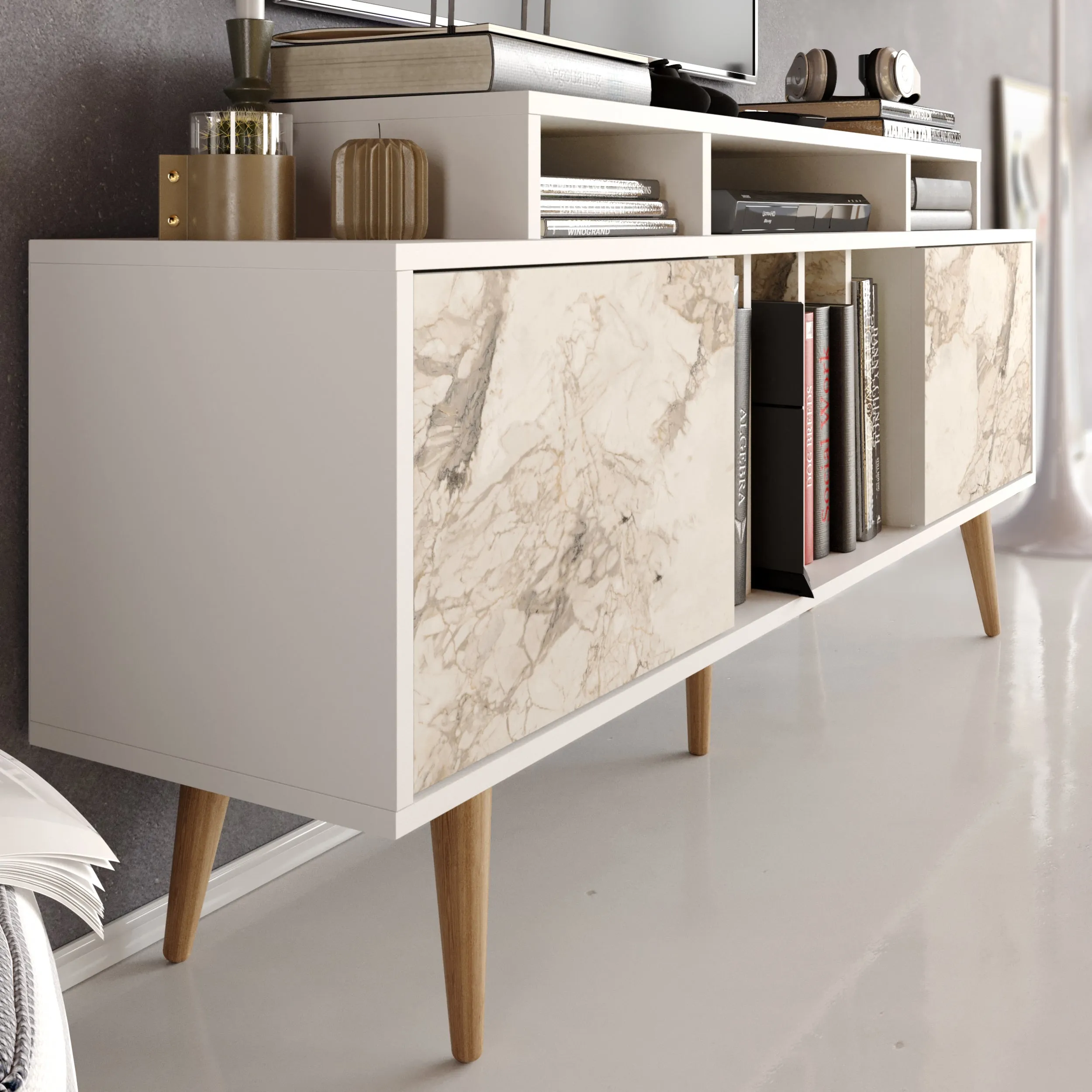 Char 63" TV Stand and Media Console with Cabinets and Shelves for TVs up to 72" Decorotika