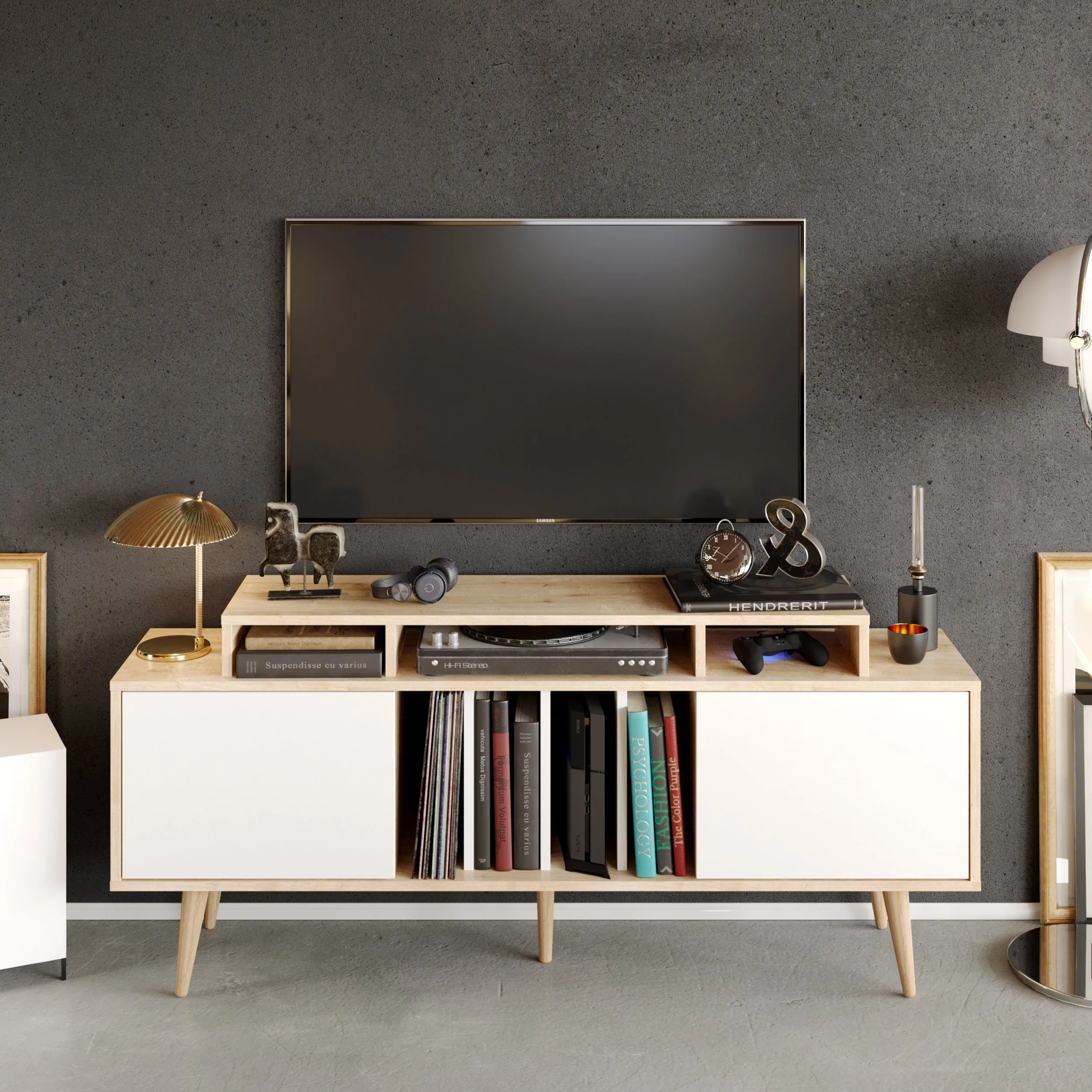 Char 63" TV Stand and Media Console with Cabinets and Shelves for TVs up to 72" Decorotika