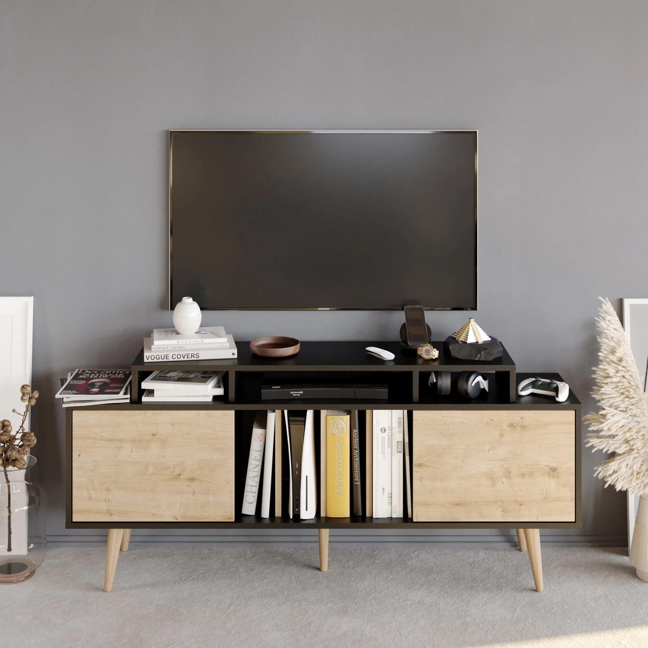 Char 63" TV Stand and Media Console with Cabinets and Shelves for TVs up to 72" Decorotika