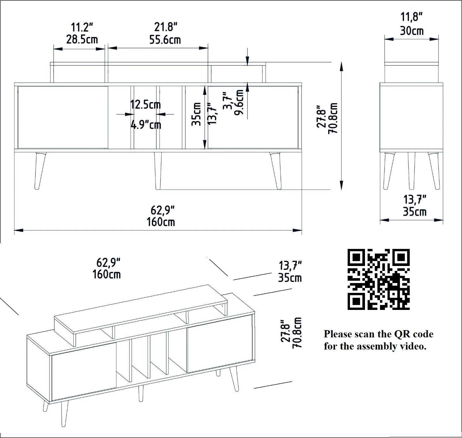 Char 63" TV Stand and Media Console with Cabinets and Shelves for TVs up to 72" Decorotika