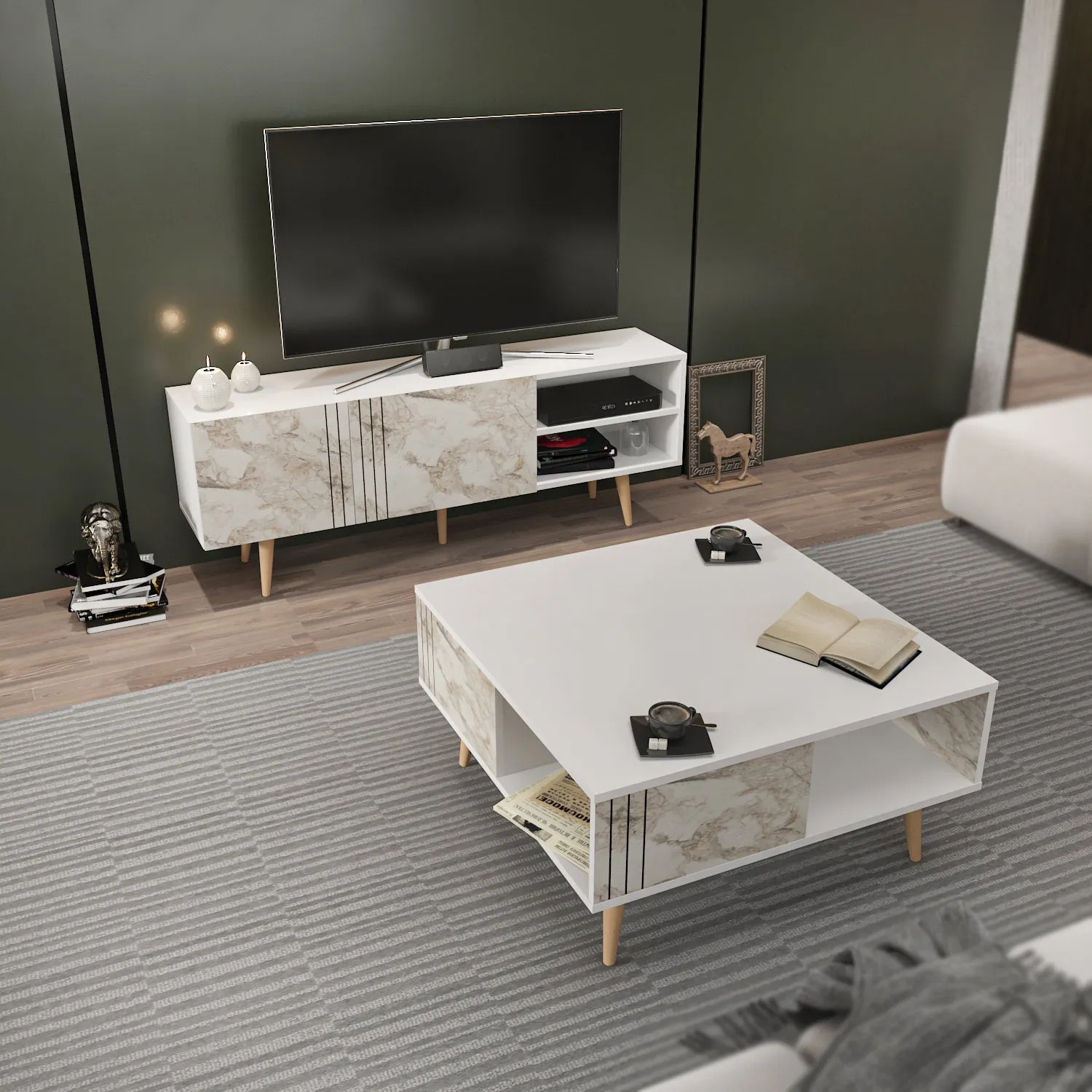 Decorotika Ronas Modern Living Room Set with Wood TV Stand and Wood Coffee Table Decorotika