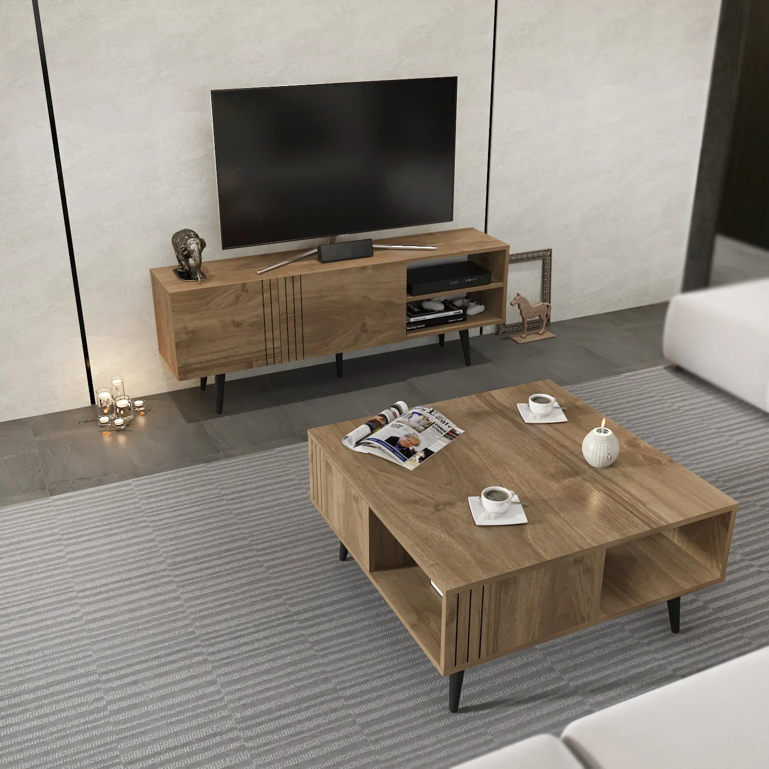 Decorotika Ronas Modern Living Room Set with Wood TV Stand and Wood Coffee Table Decorotika