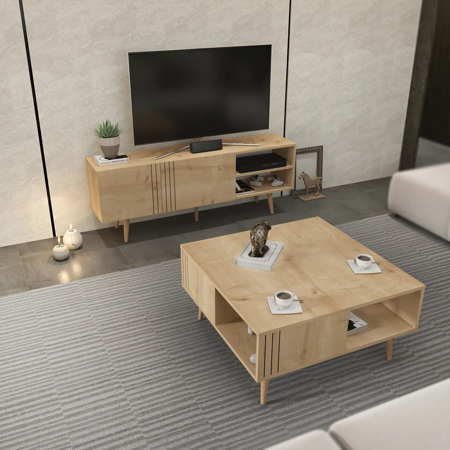Decorotika Ronas Modern Living Room Set with Wood TV Stand and Wood Coffee Table Decorotika