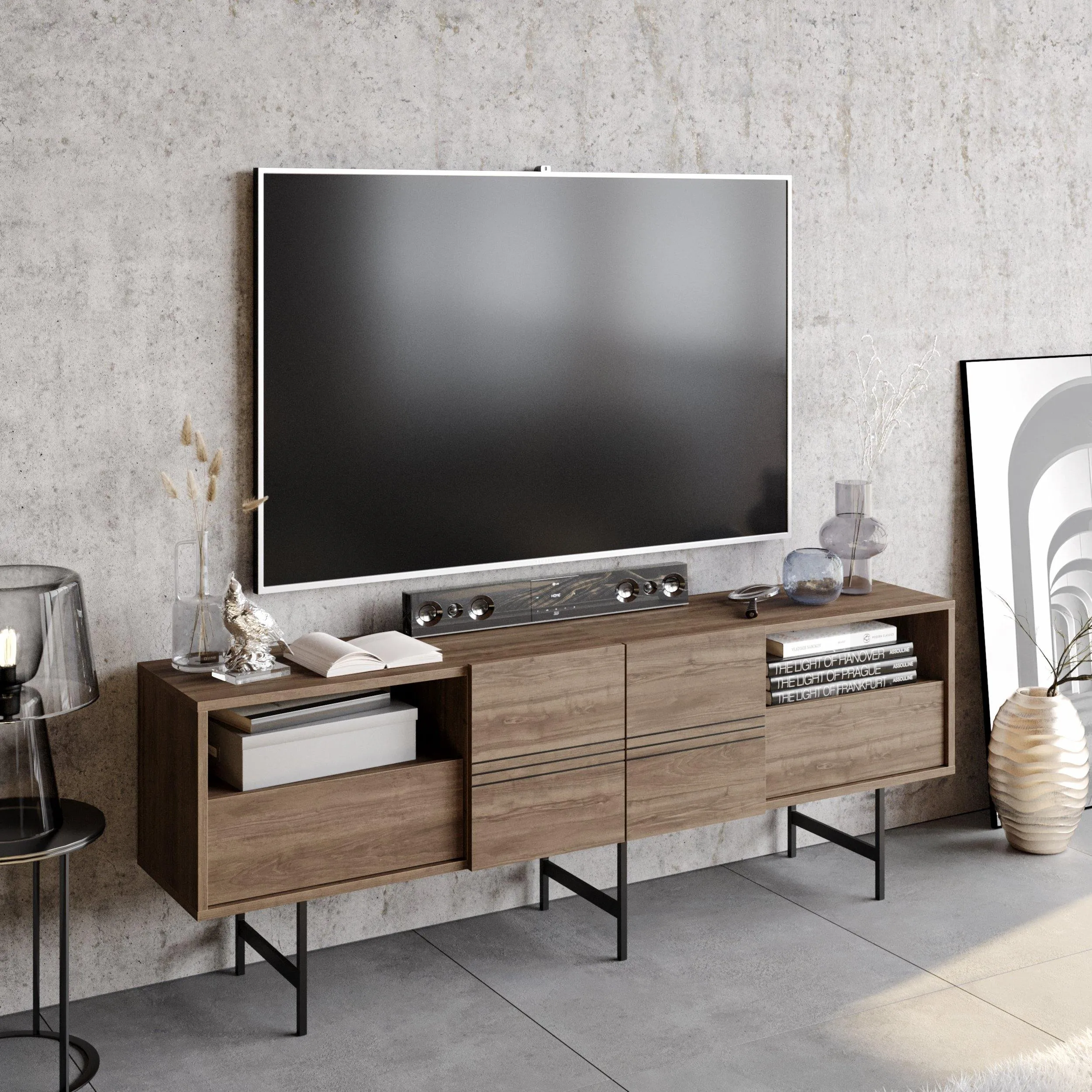 Derin 71" Media Console and TV Stand with Cabinets and Shelves for TVs up to 80" Decorotika