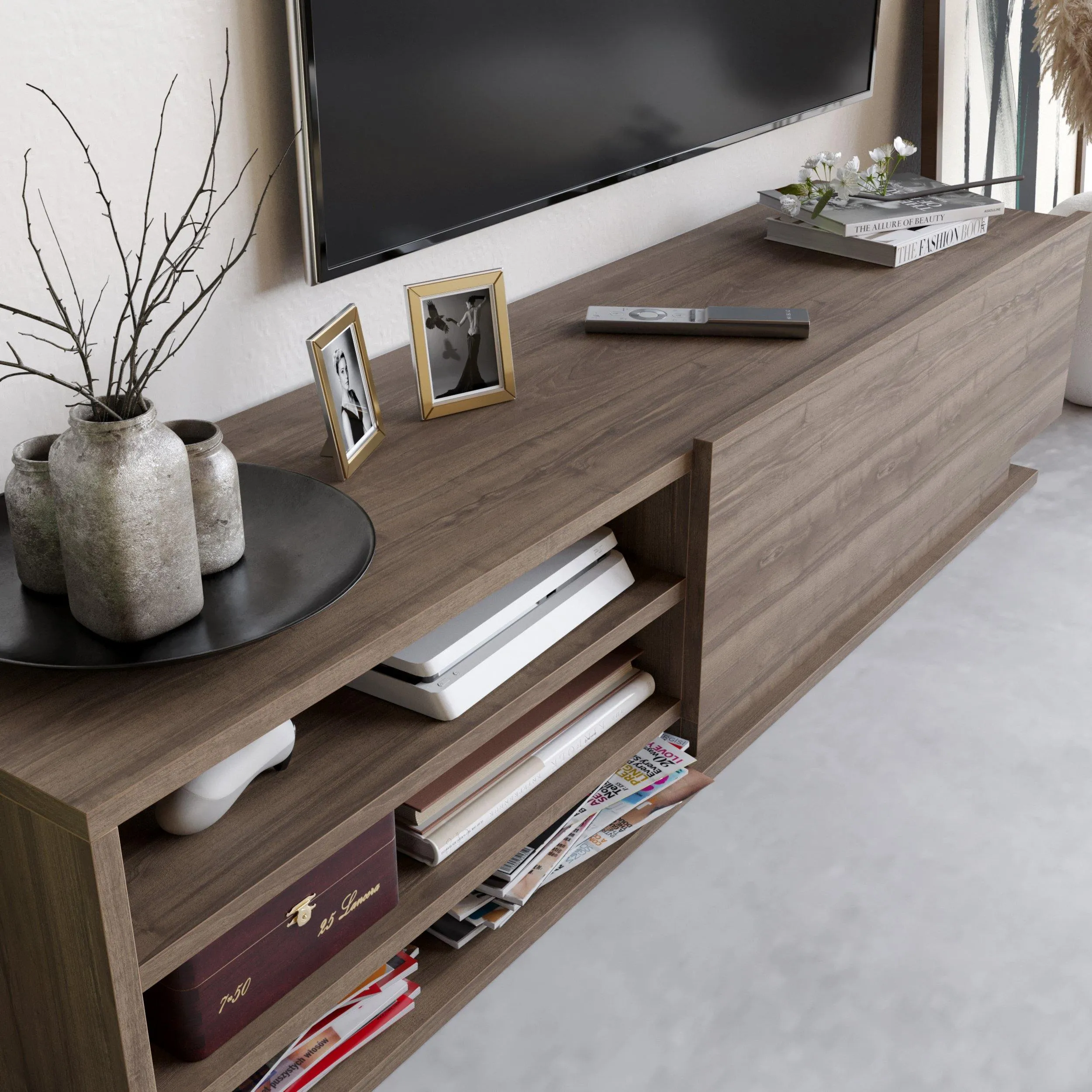 Linda TV Stand and Media Console with Cabinet, Wall Shelves for TVs up to 67" Decorotika