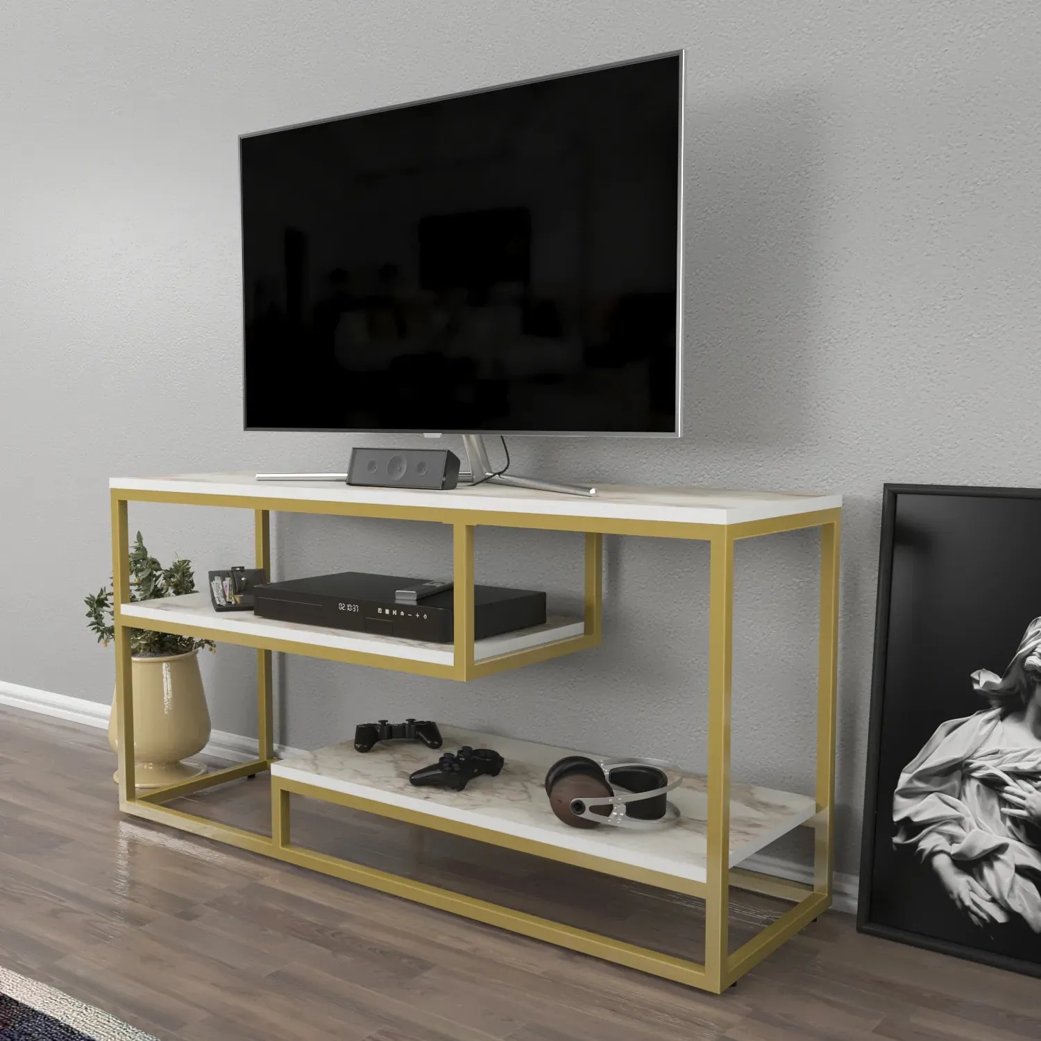 Lorin 47 inch Wide Metal Wood TV Stand Media Console for TVs up to 55 inch Decorotika