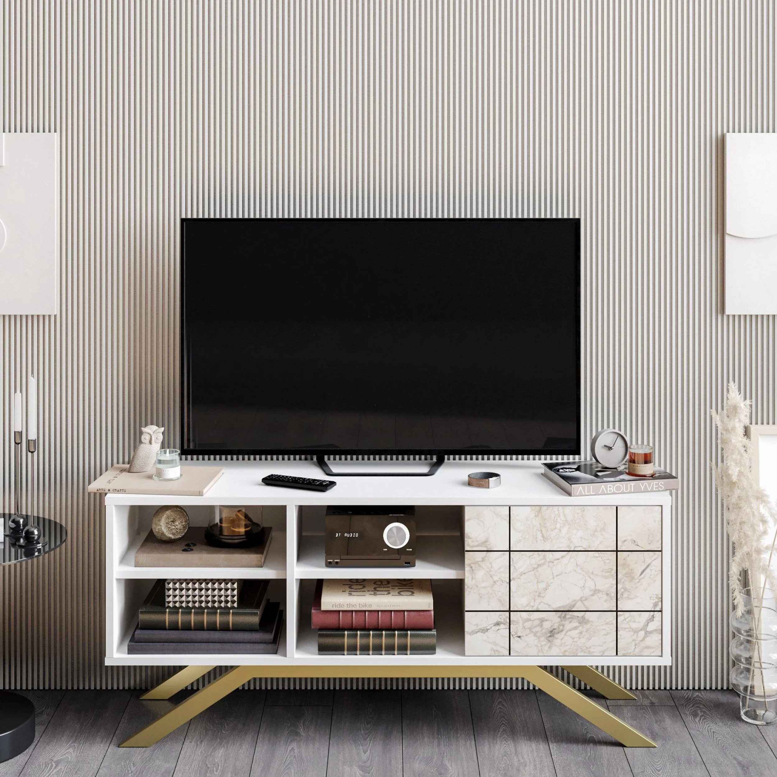 North 51" TV Stand and Media Console with A Cabinet and Shelves Decorotika