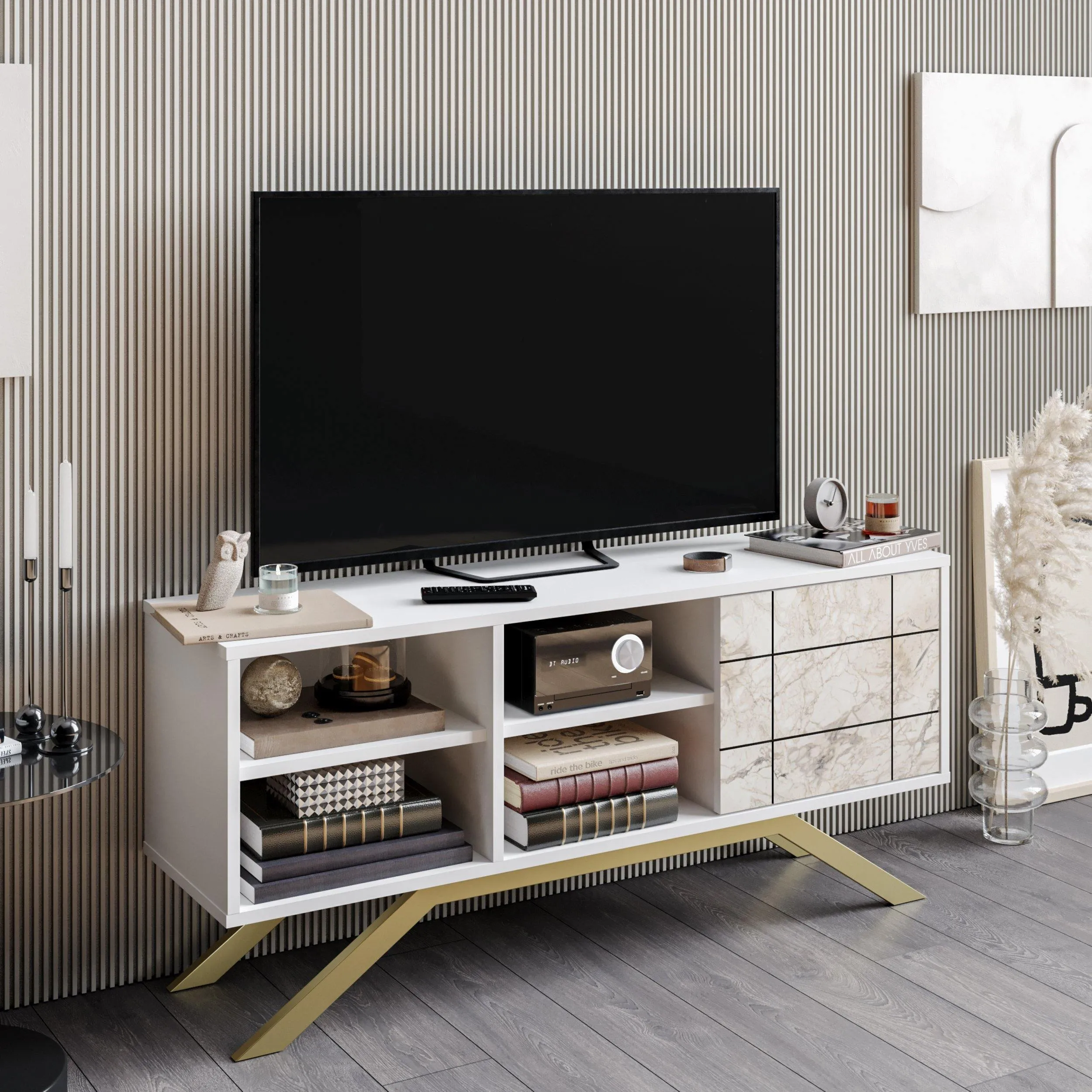 North 51" TV Stand and Media Console with A Cabinet and Shelves Decorotika