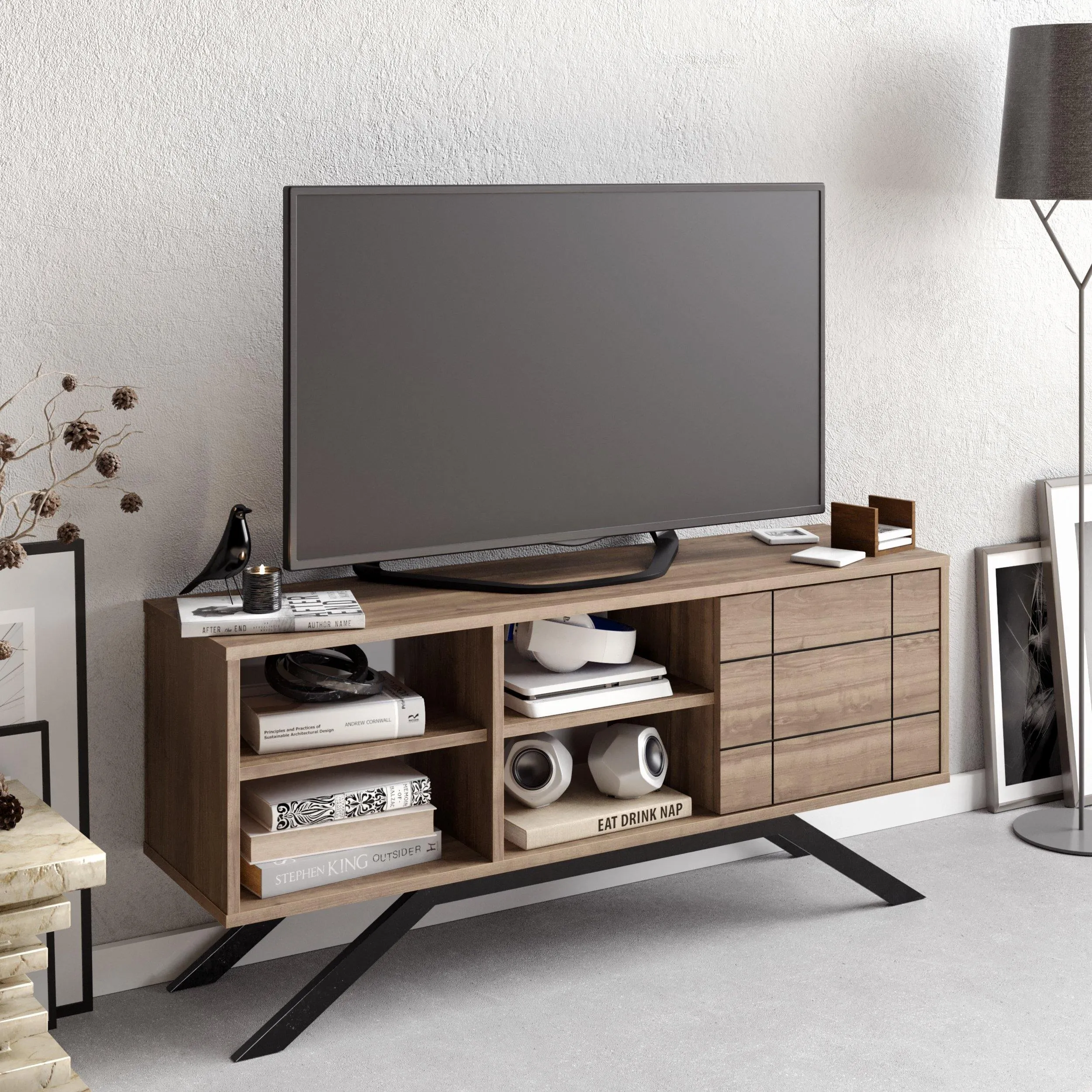 North 51" TV Stand and Media Console with A Cabinet and Shelves Decorotika