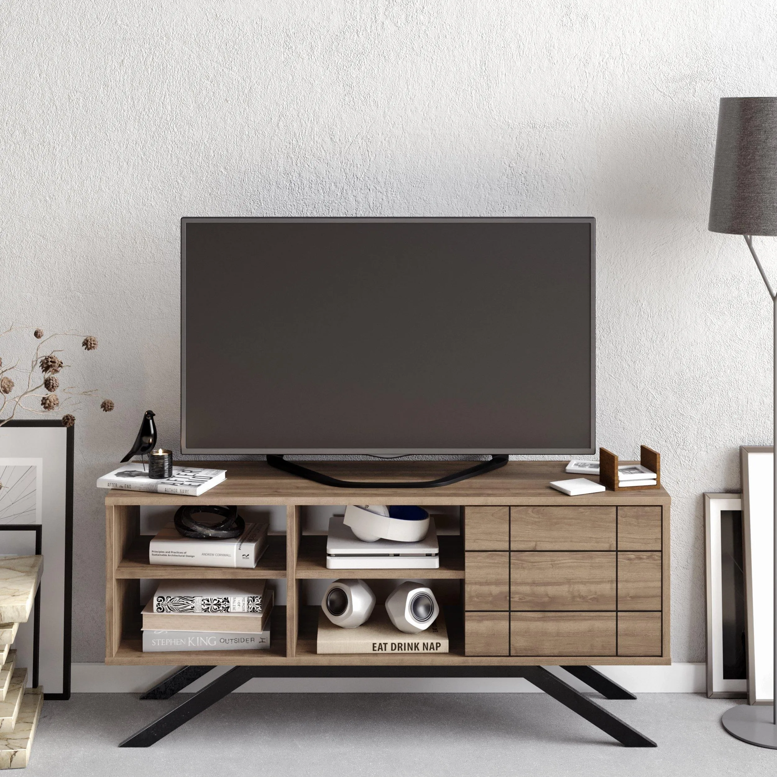 North 51" TV Stand and Media Console with A Cabinet and Shelves Decorotika