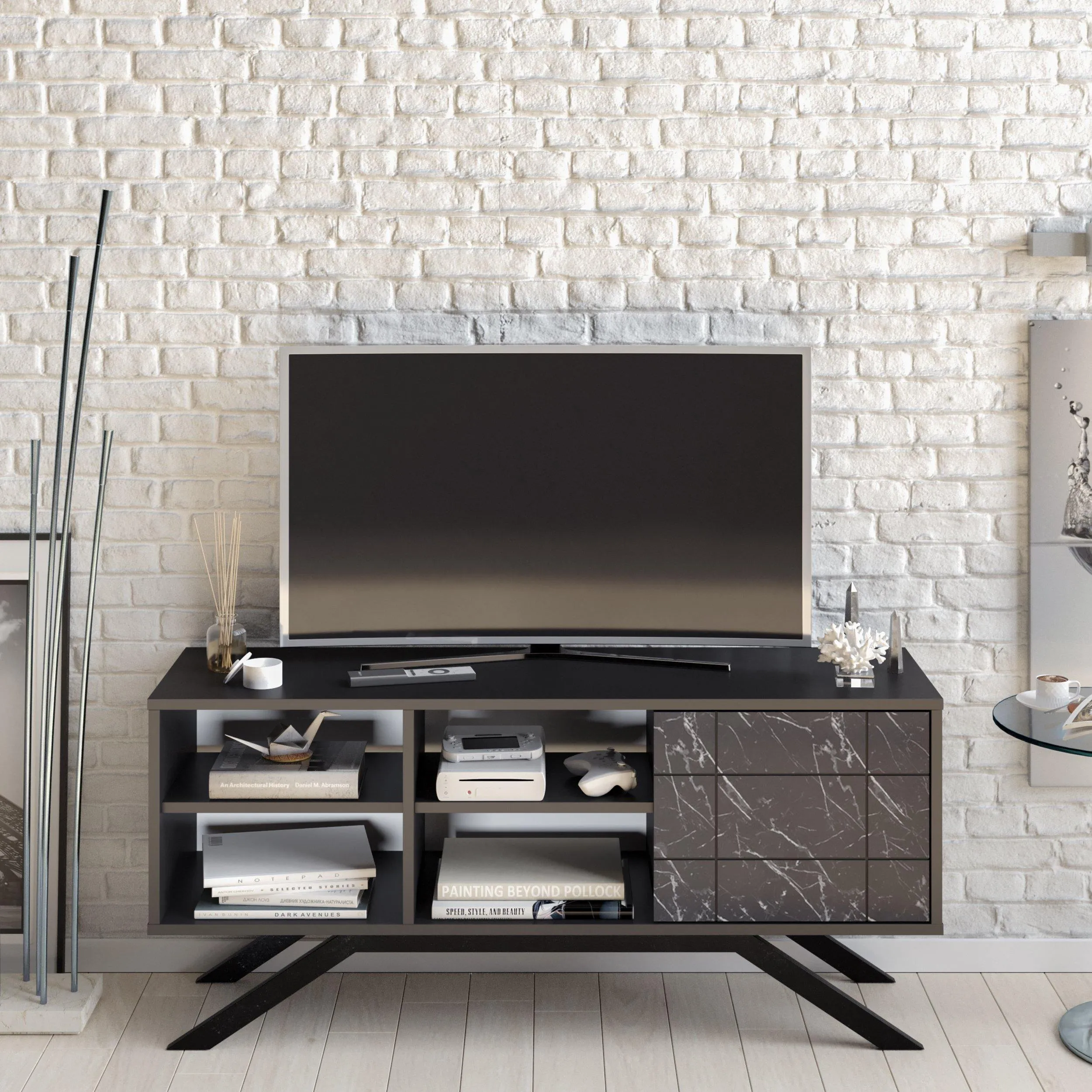 North 51" TV Stand and Media Console with A Cabinet and Shelves Decorotika