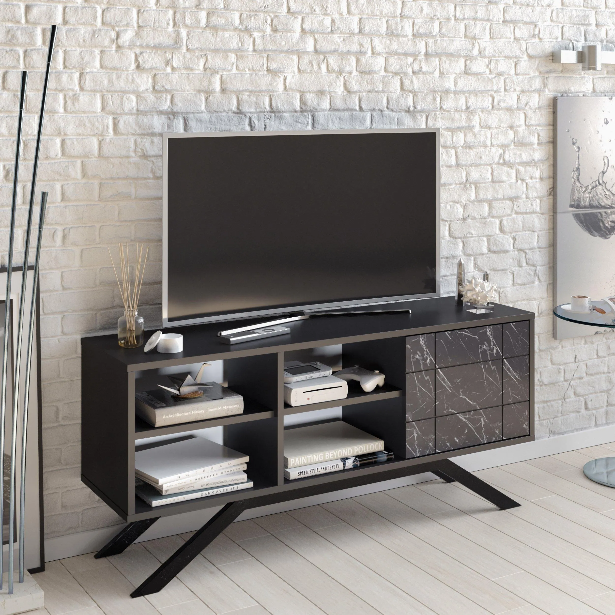 North 51" TV Stand and Media Console with A Cabinet and Shelves Decorotika