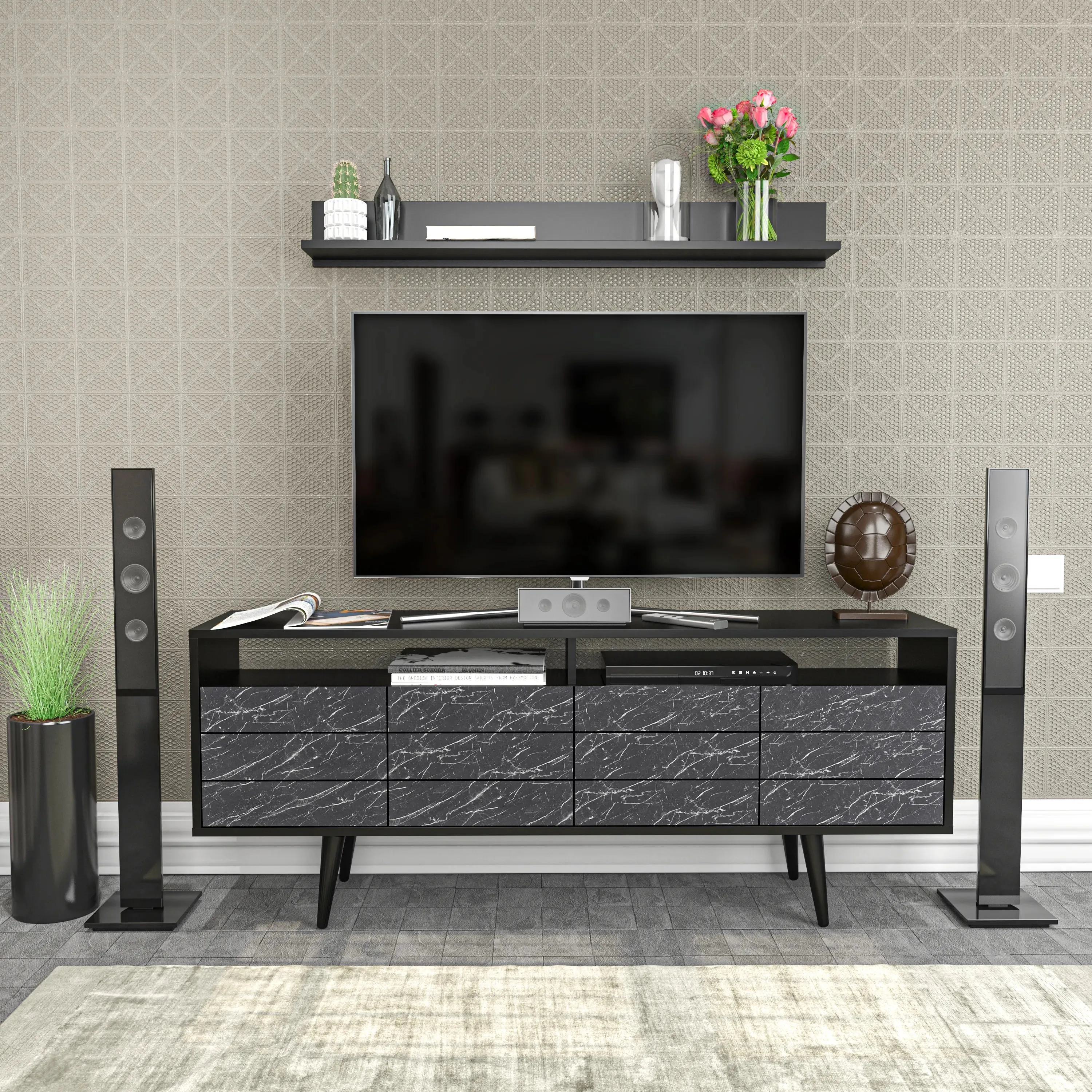 Ola 63 inch Wide TV Stand Media Console with Wall Shelf for TVs up to 72 inch Decorotika