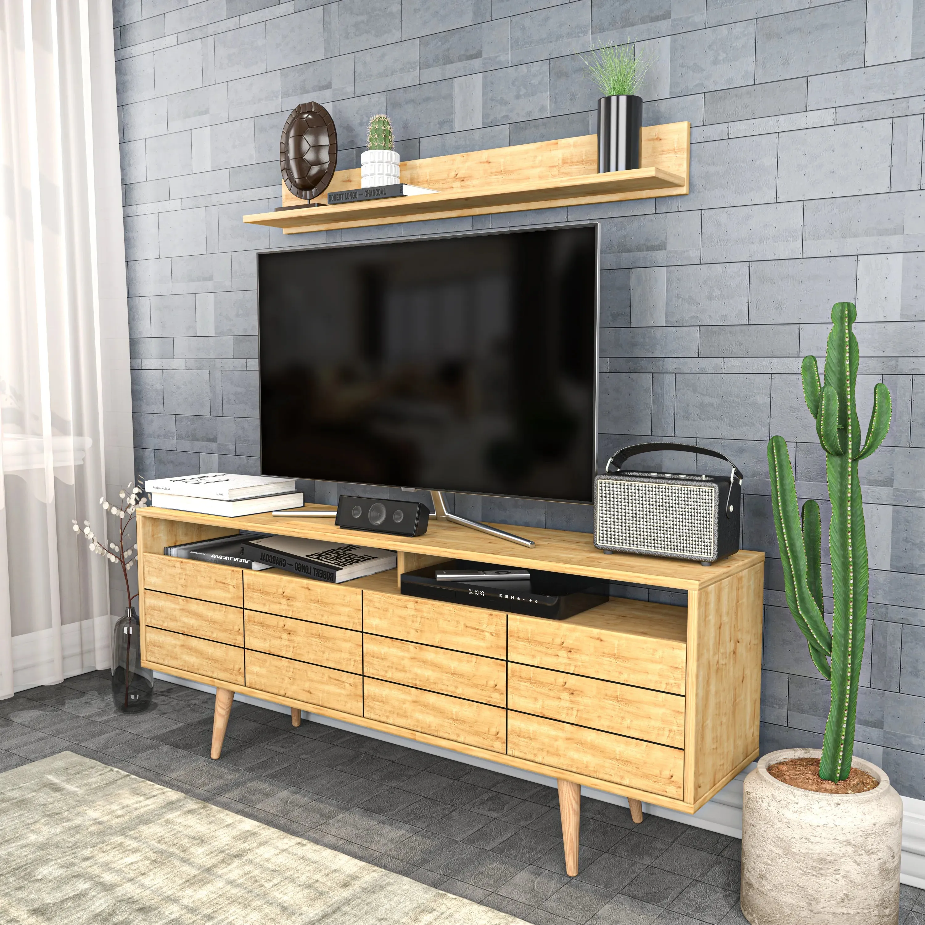 Ola 63 inch Wide TV Stand Media Console with Wall Shelf for TVs up to 72 inch Decorotika