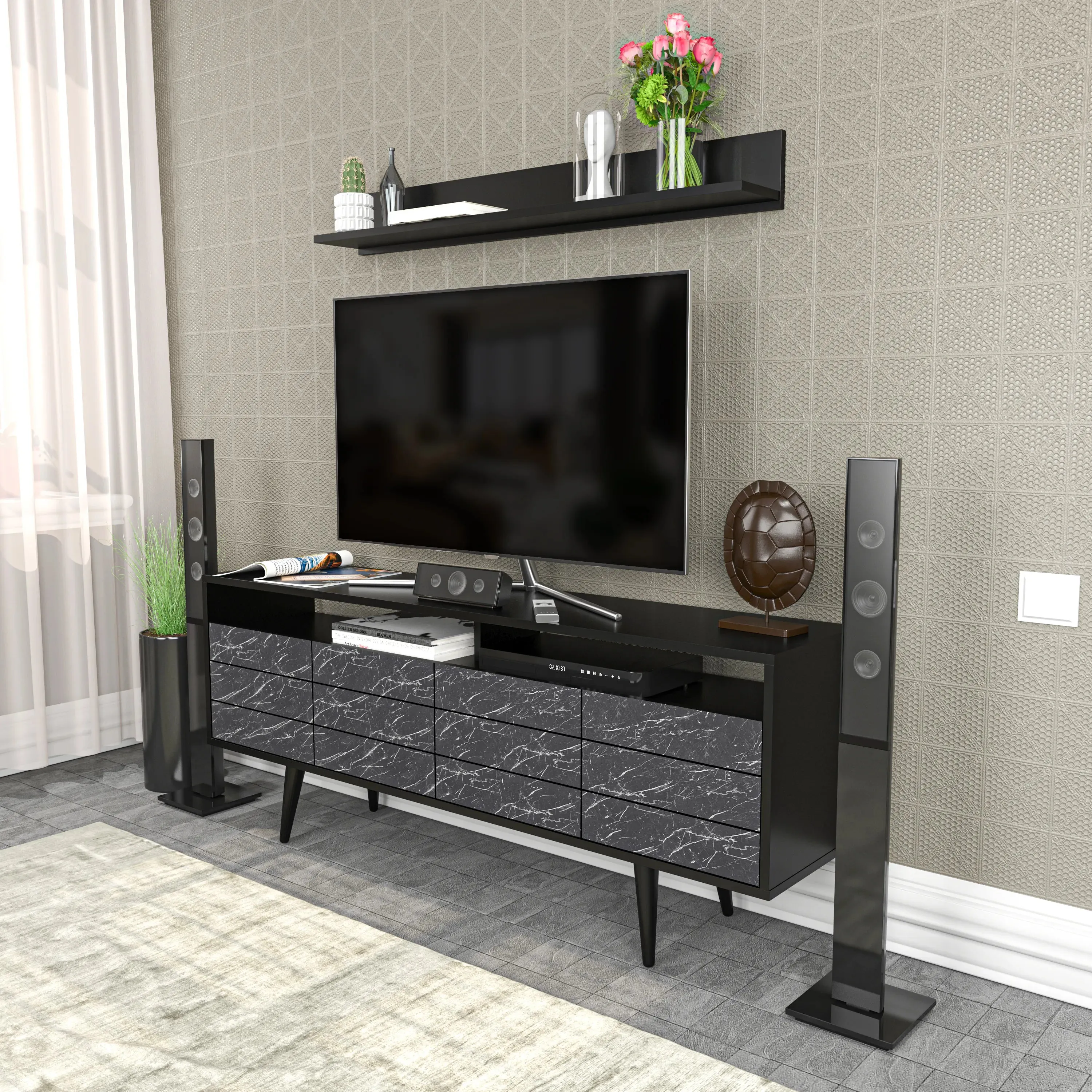Ola 63 inch Wide TV Stand Media Console with Wall Shelf for TVs up to 72 inch Decorotika