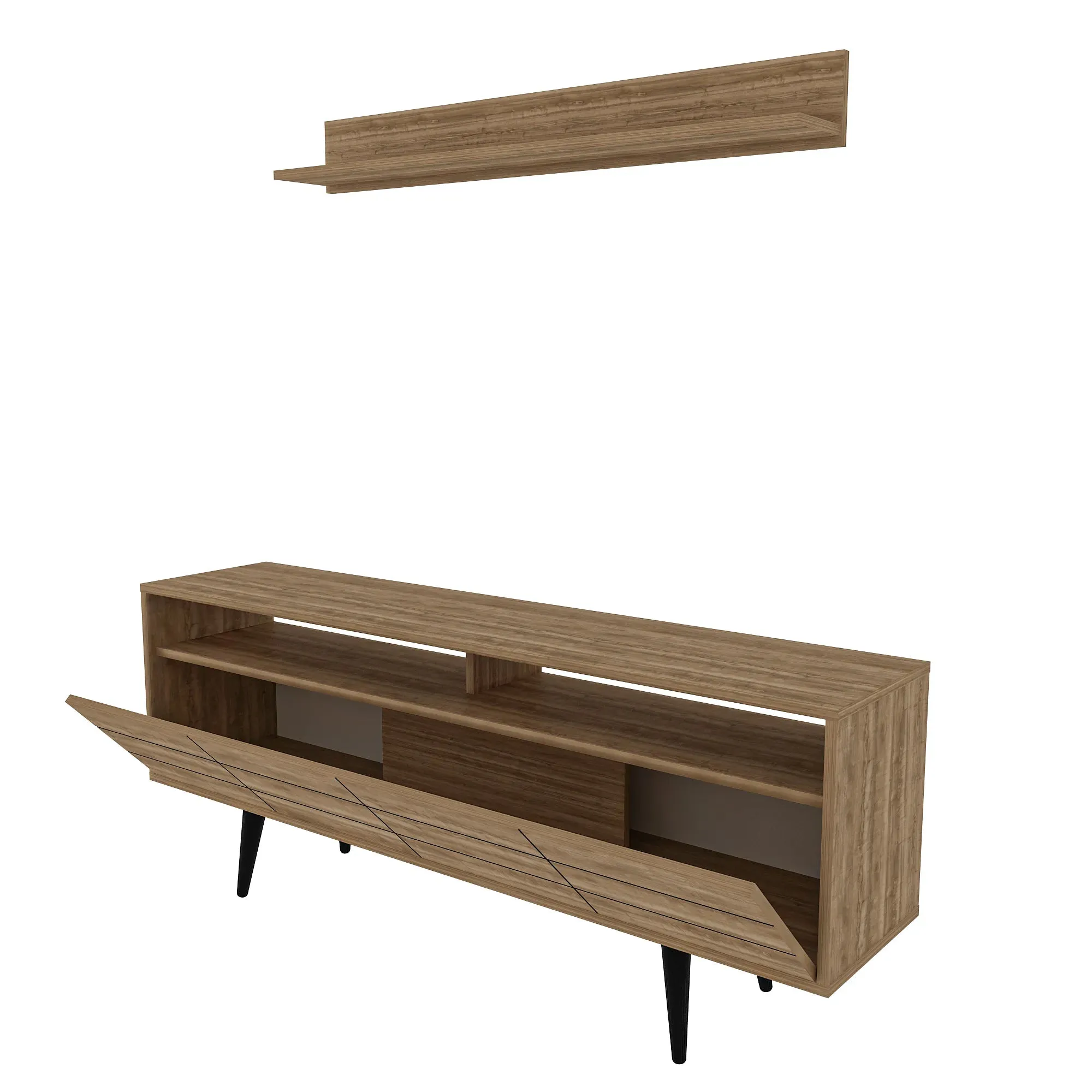 Ola 63 inch Wide TV Stand Media Console with Wall Shelf for TVs up to 72 inch Decorotika