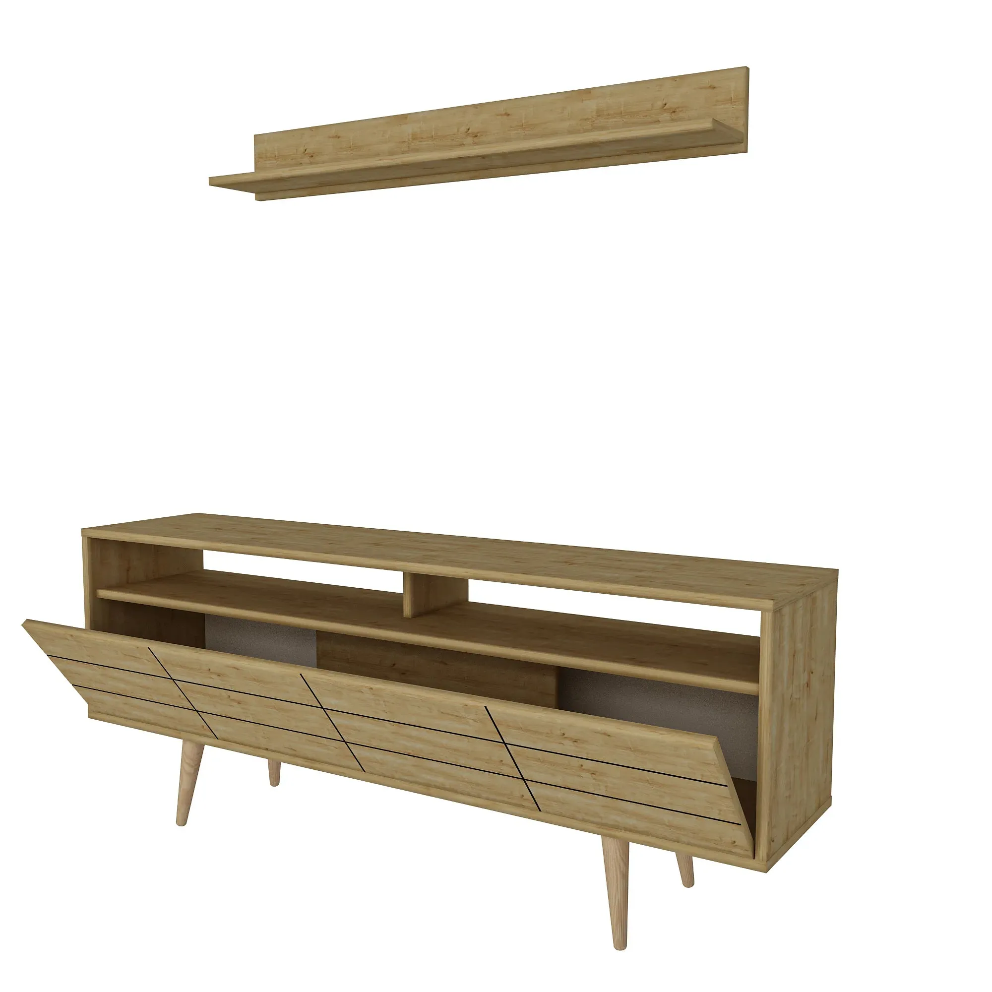 Ola 63 inch Wide TV Stand Media Console with Wall Shelf for TVs up to 72 inch Decorotika