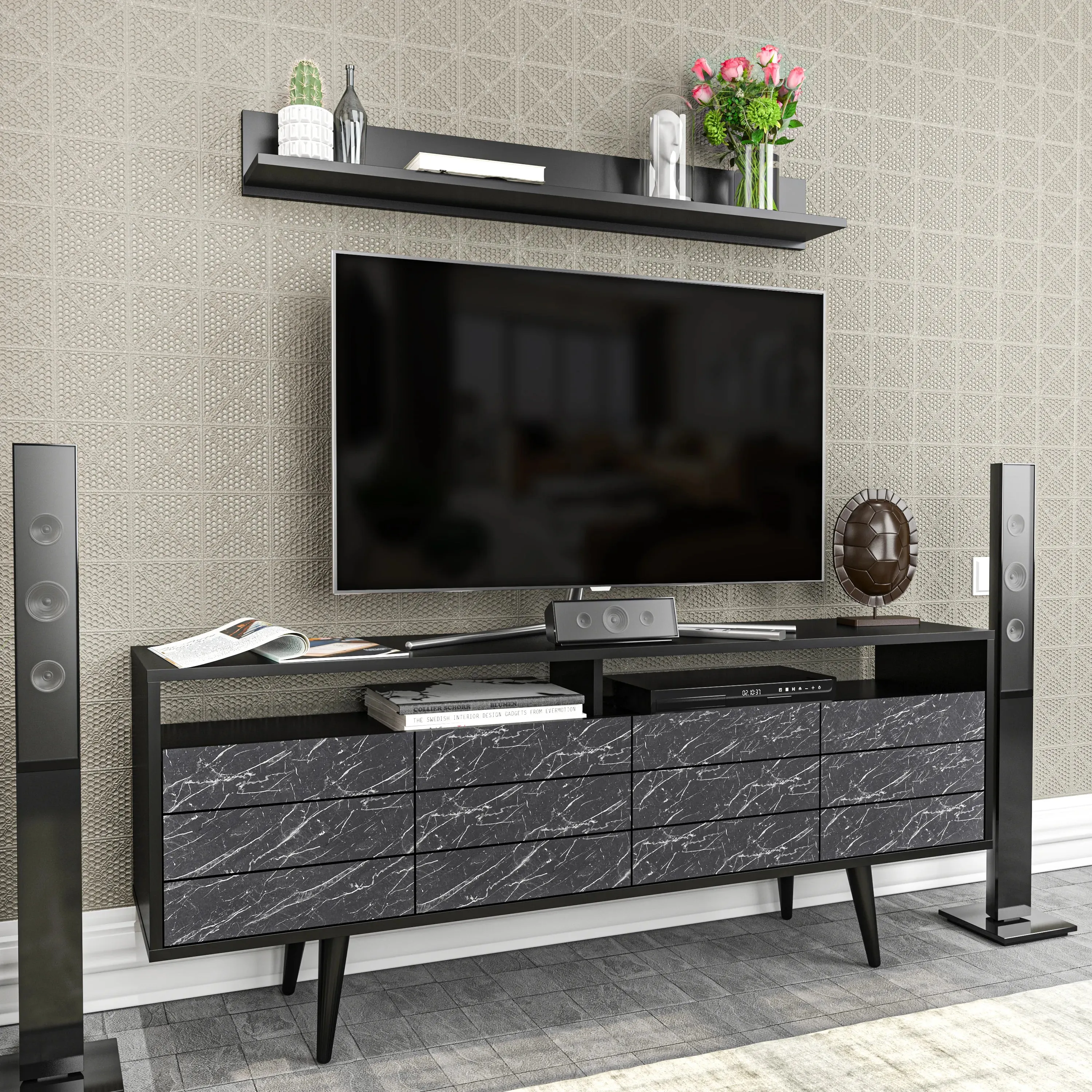 Ola 63 inch Wide TV Stand Media Console with Wall Shelf for TVs up to 72 inch Decorotika