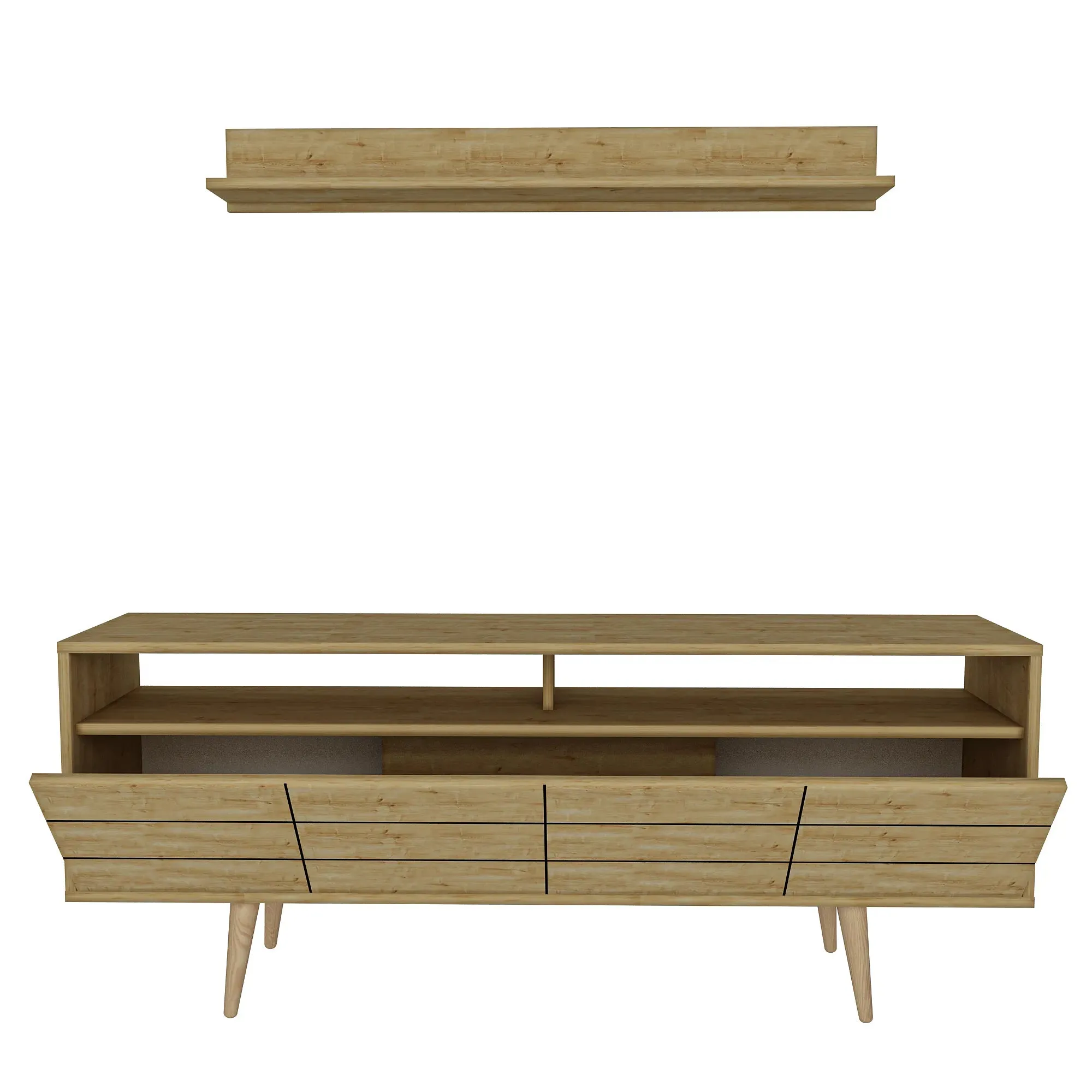Ola 63 inch Wide TV Stand Media Console with Wall Shelf for TVs up to 72 inch Decorotika