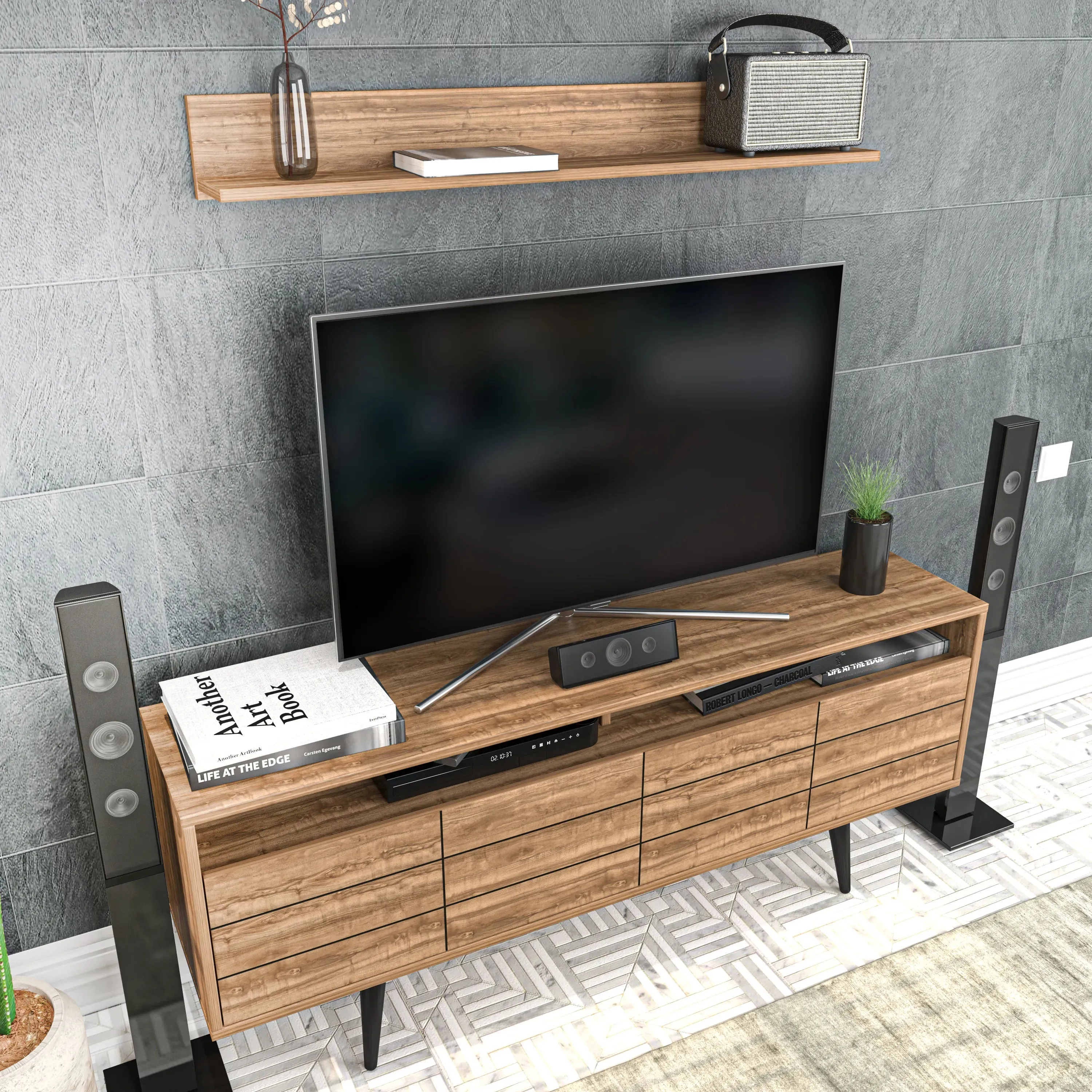 Ola 63 inch Wide TV Stand Media Console with Wall Shelf for TVs up to 72 inch Decorotika