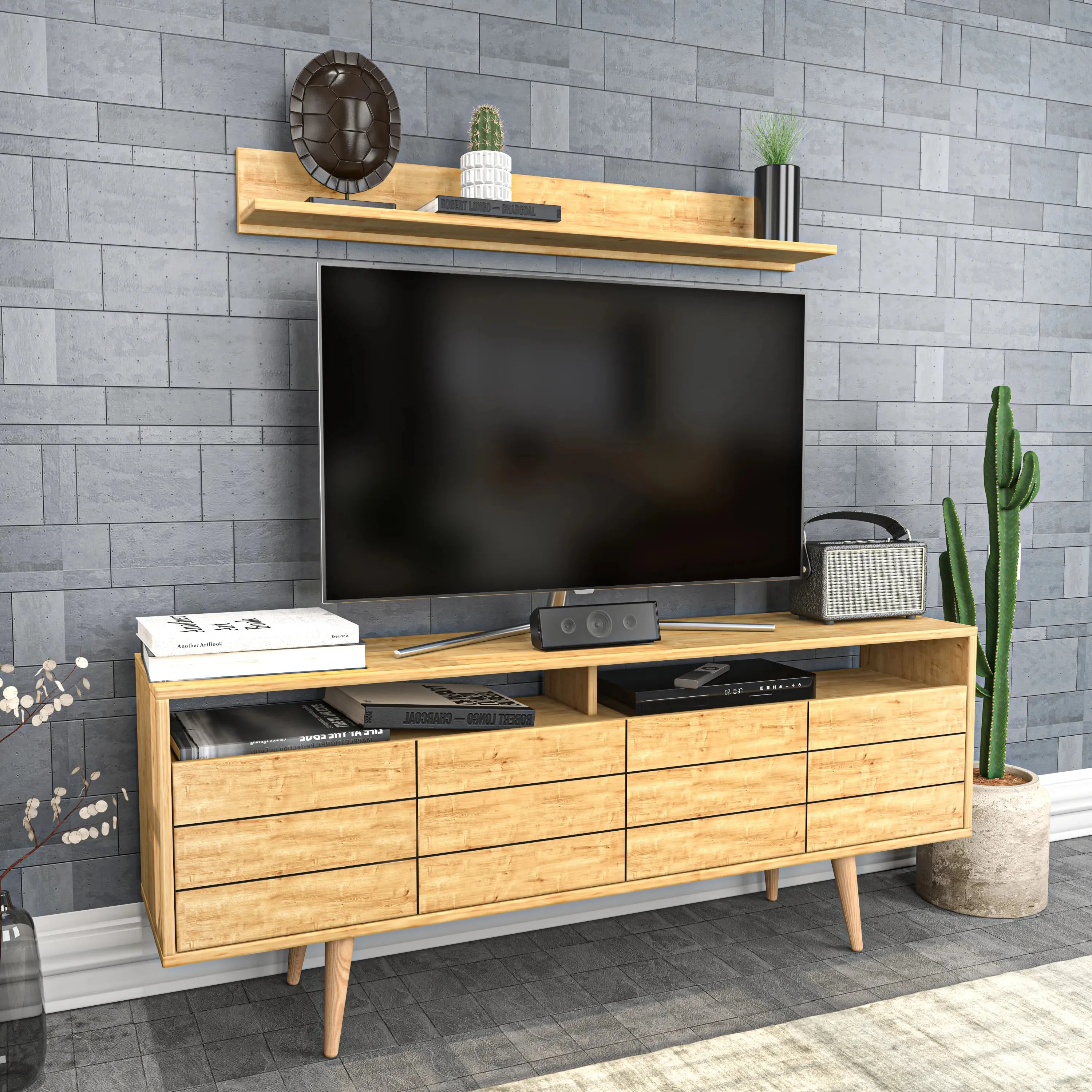 Ola 63 inch Wide TV Stand Media Console with Wall Shelf for TVs up to 72 inch Decorotika