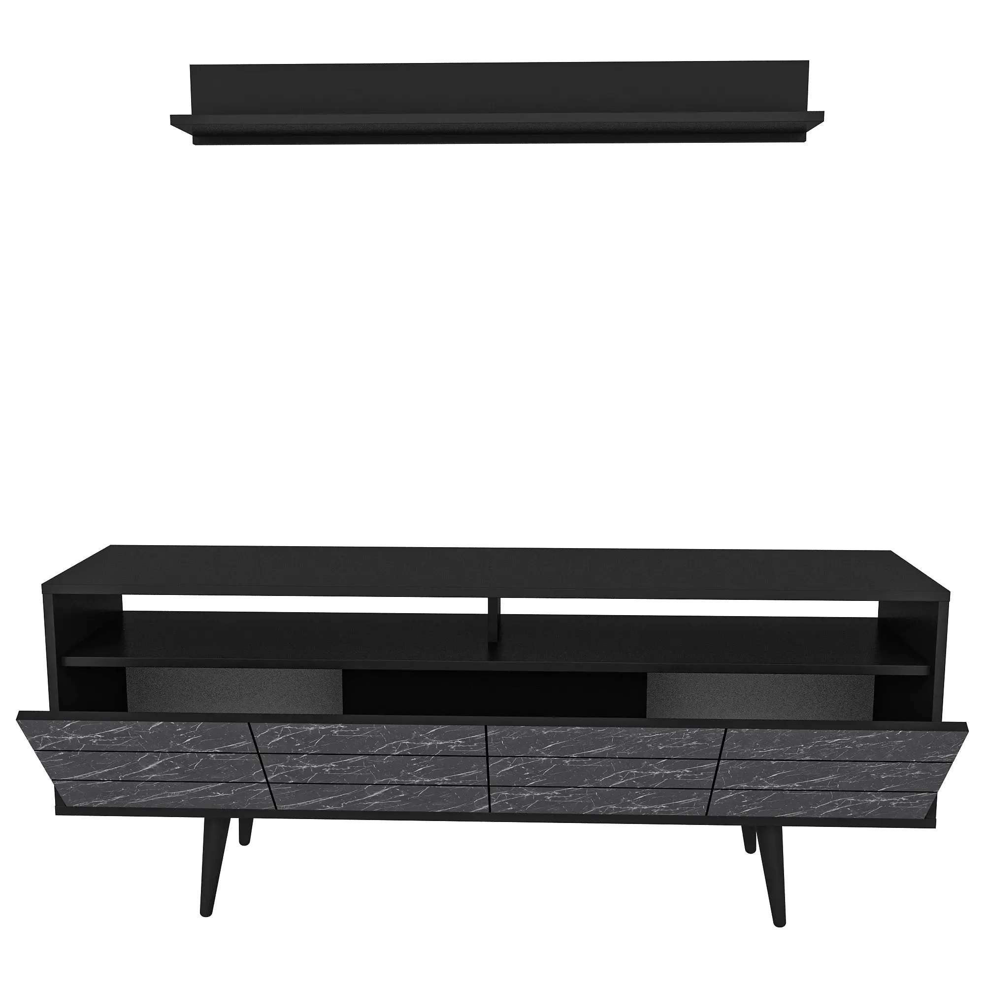 Ola 63 inch Wide TV Stand Media Console with Wall Shelf for TVs up to 72 inch Decorotika