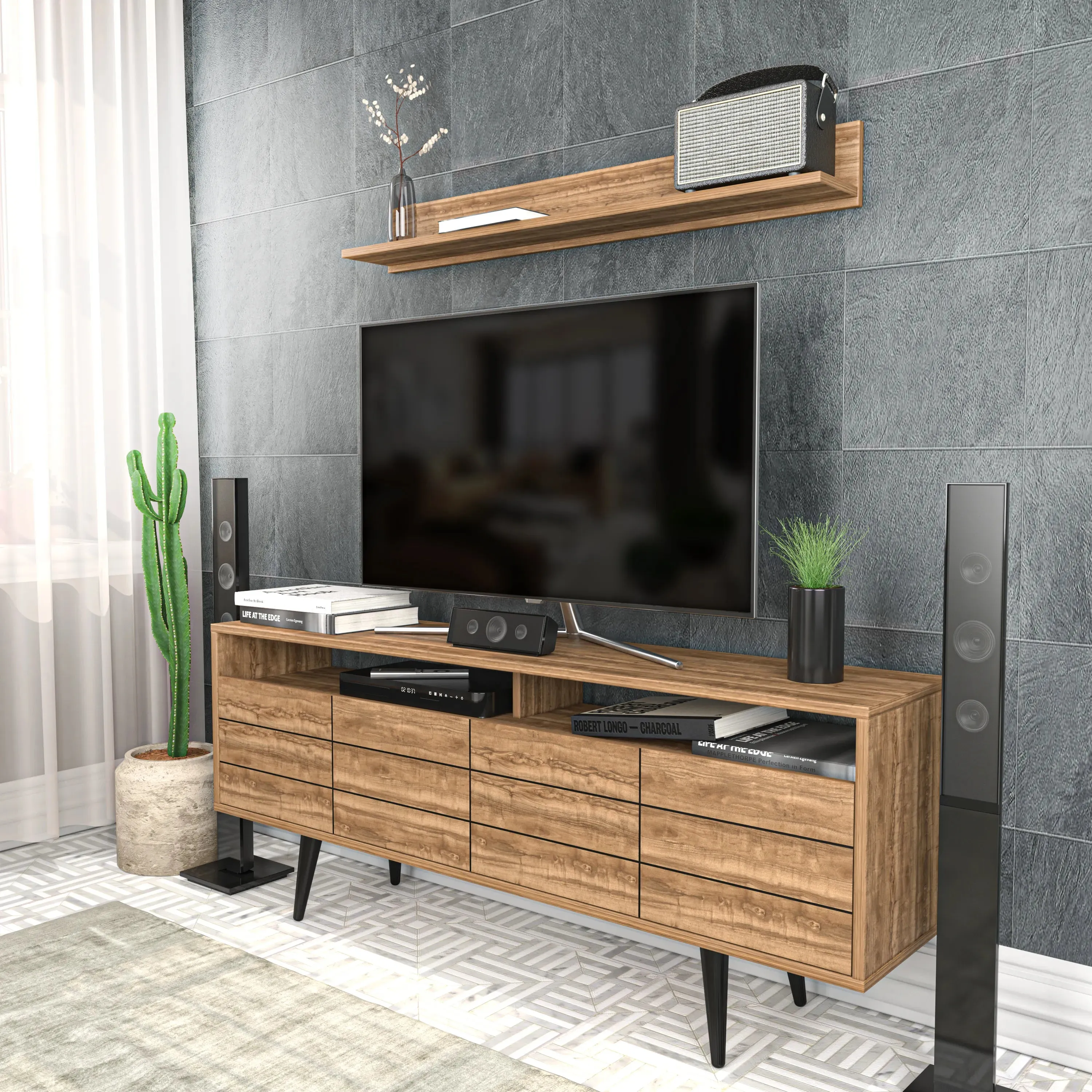 Ola 63 inch Wide TV Stand Media Console with Wall Shelf for TVs up to 72 inch Decorotika